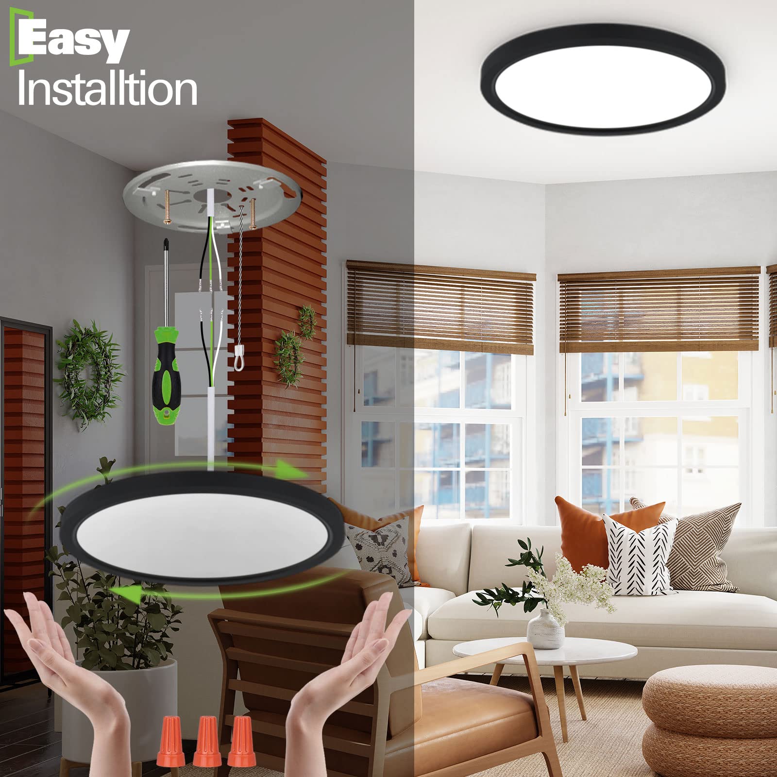 Hykolity 18 Inch Led Round Flat Panel Light, Black, 32W, 3200Lm, 3000K/4000K/5000K Cct Selectable, 120?Beam Angle, Dimmable Edge