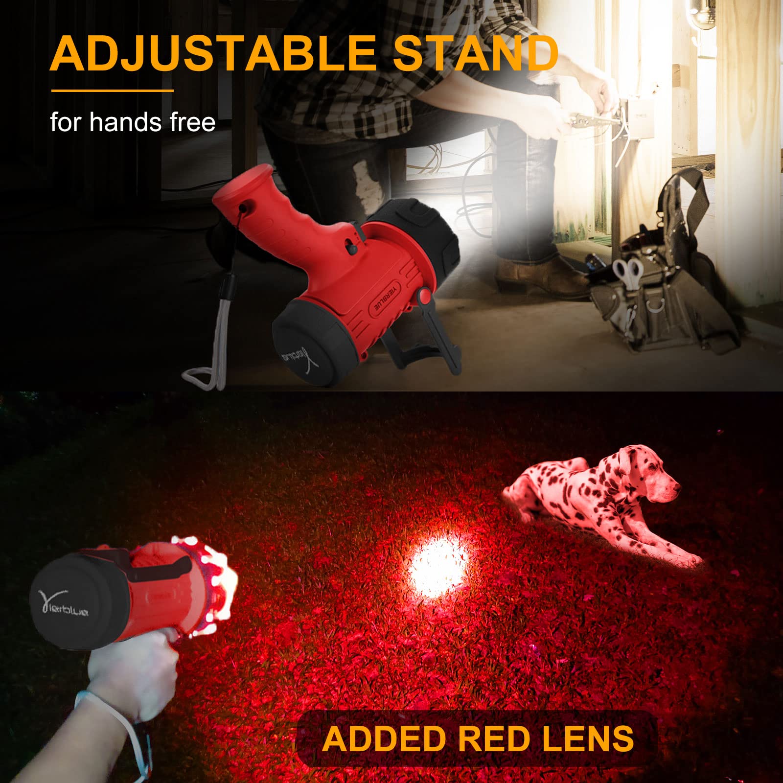 YIERBLUE Rechargeable Spotlight Flashlight 300000 Lumen LED, IP67 Waterproof, Model YBN-20000R, Red-Pro, Impact Resistant