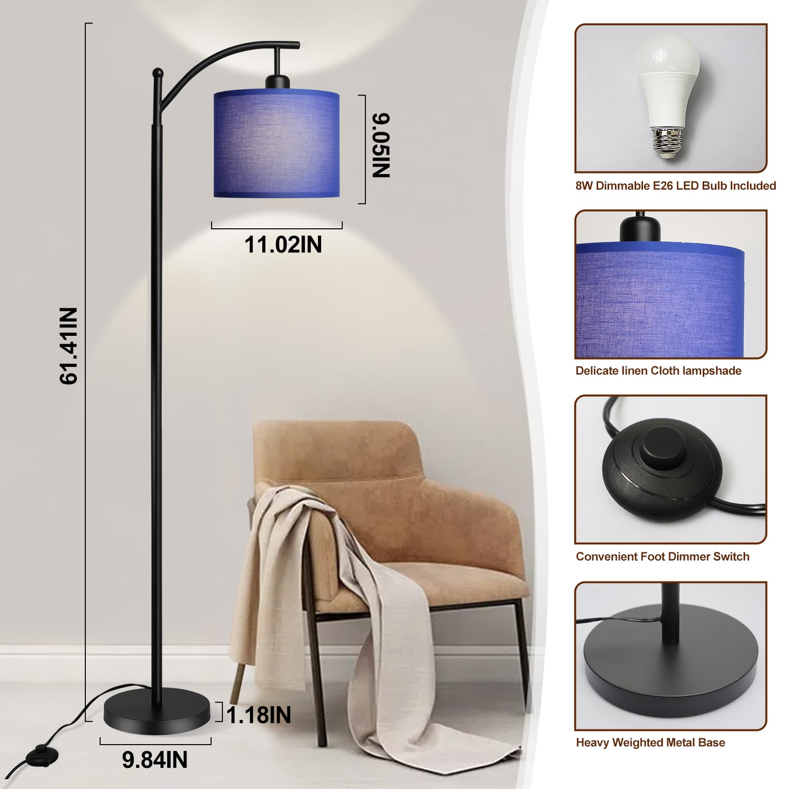 Dllt Arc Floor Lamp With 3 Color Temperatures, Standing Lamp With Linen Shade, Modern Tall Lamp For Living Room, Reading Floor L