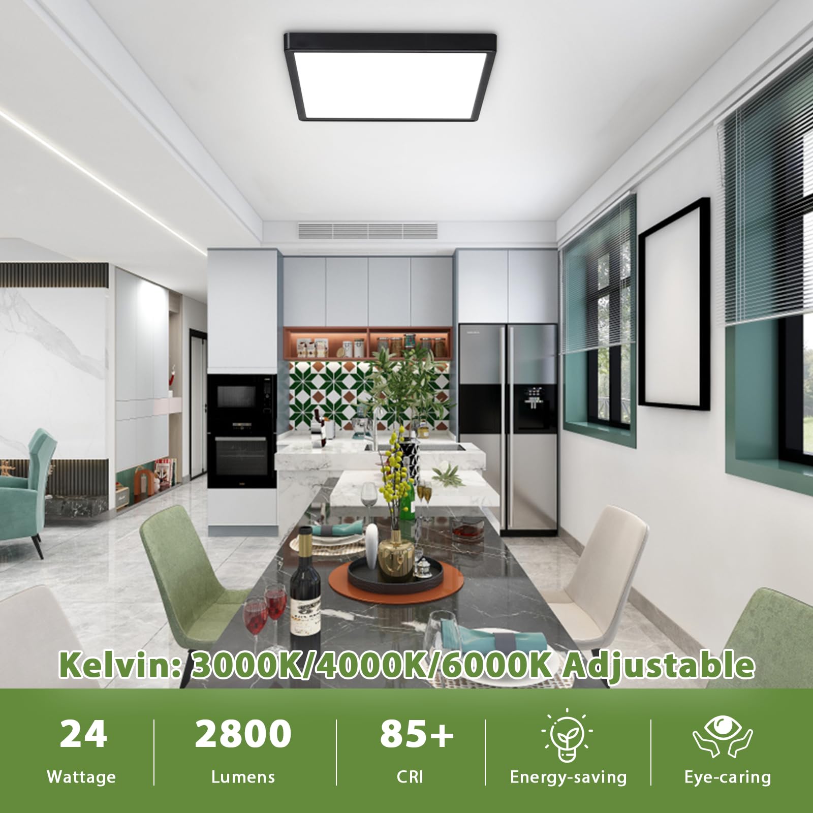 Rezant 12 Inch 24W Flush Mount Square Led Ceiling Light, 3000K/4000K/6000K Adjustable Flush Mount Light Fixture, 2800Lm Bright Flat Ceiling Light Fixtures For Bedroom, Kitchen, Hallway (Black-4 Pack)