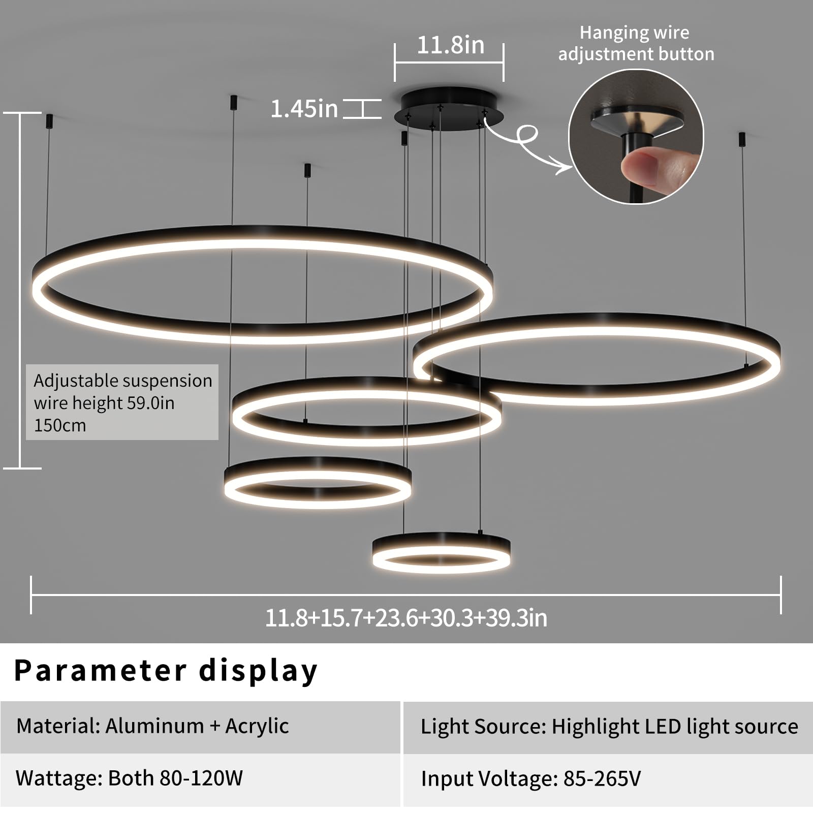 Matven Modern Ceiling Chandelier Light, Dimmable 3 Color Mode, Remote Control, 11.8-39.3in, Black, Model KD-YX