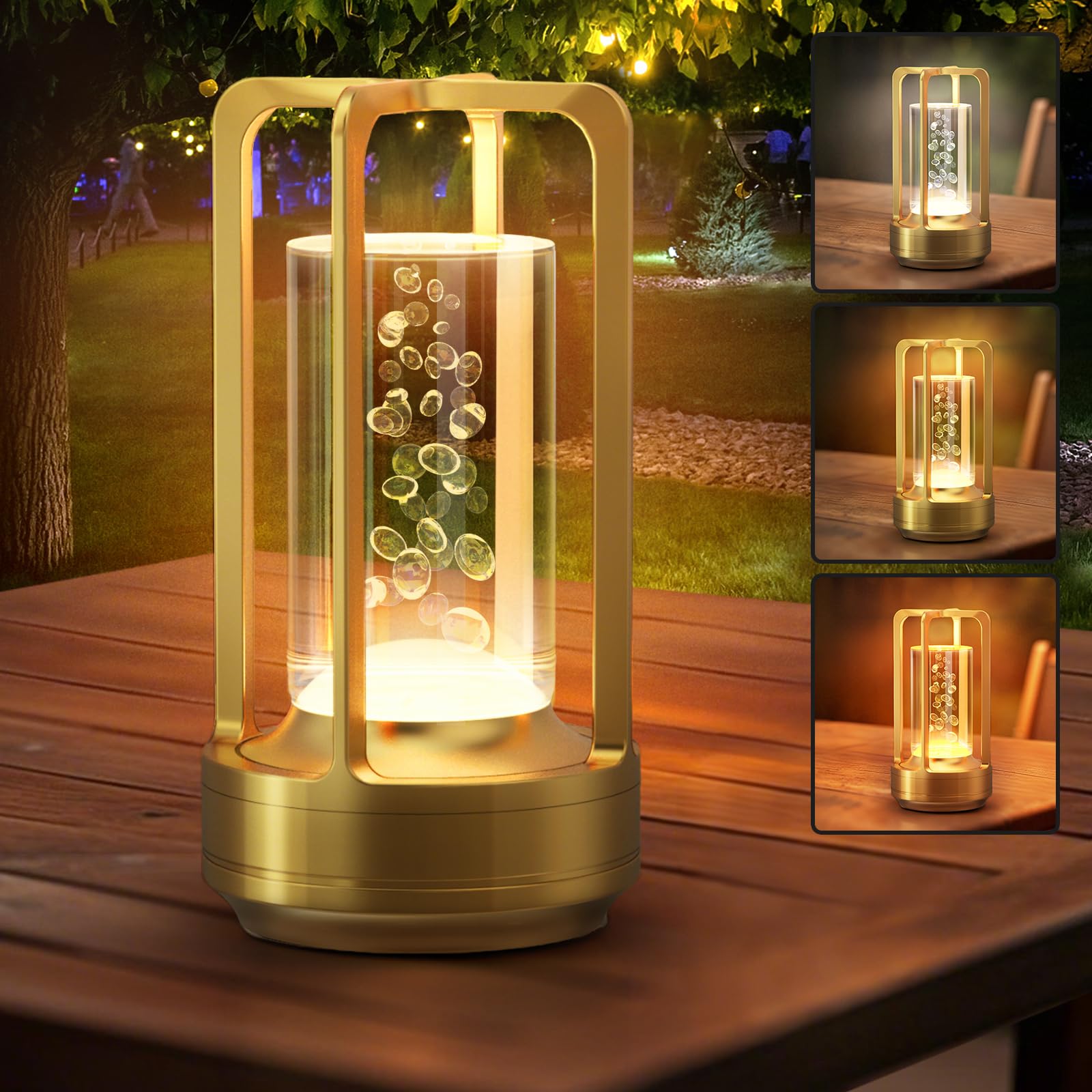 Yunaking Portable Table Lamp - Cordless Rechargeable, 3 Color Dimmable, Metal, Bubble Gold, Model QPSZD-GOLD