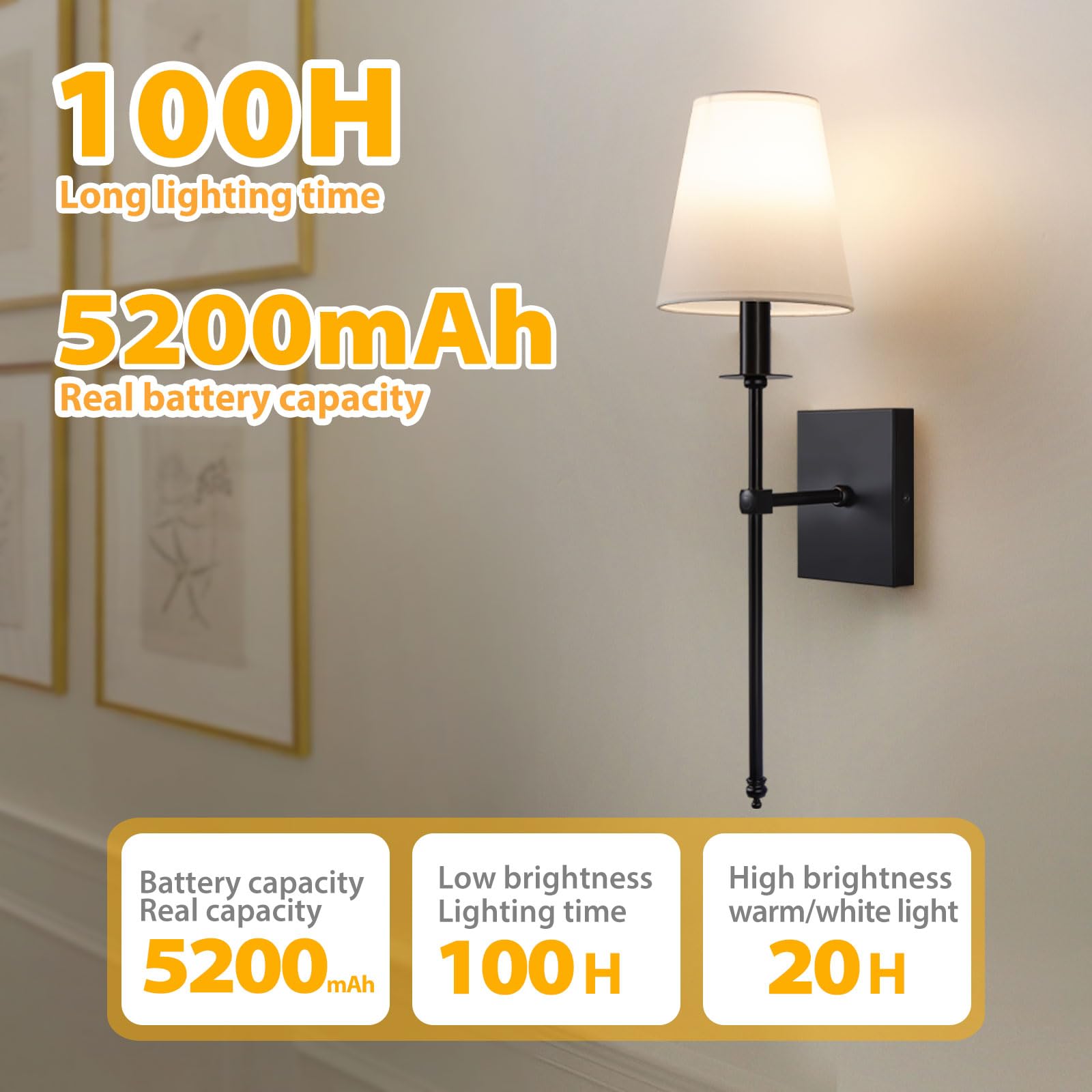 PASSICA DECOR Battery Operated Wall Sconces, Set of 2, 5200mAh Dimmable Bulbs, Remote Control, Black, Model CA702-01-DP