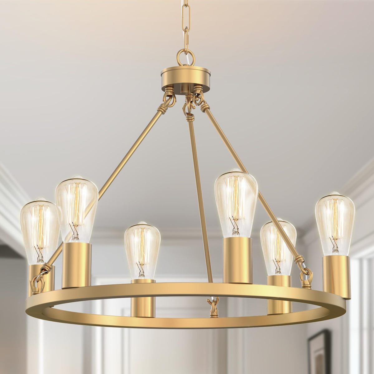 L Lohas Led Gold Farmhouse Chandeliers For Dining Room, 6-Light Wagon Wheel Chandelier Over Table, Height Adjustable, 19'' Dinin