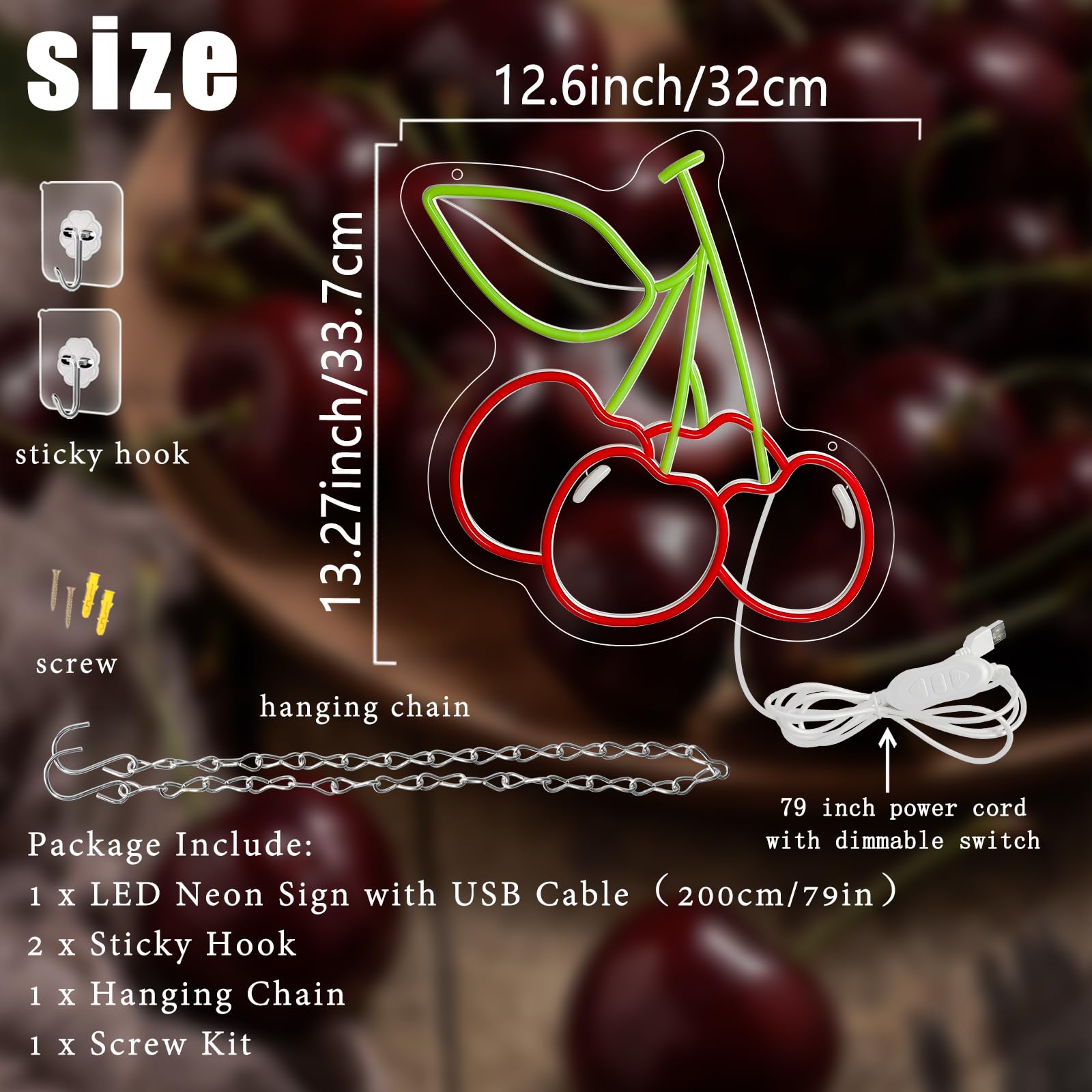 BerniceKelly LED Neon Sign - Cherry Design, Dimmable, USB Powered, 12.6inx13.3in, Red Cherries, Model A for Room Decor and Parties