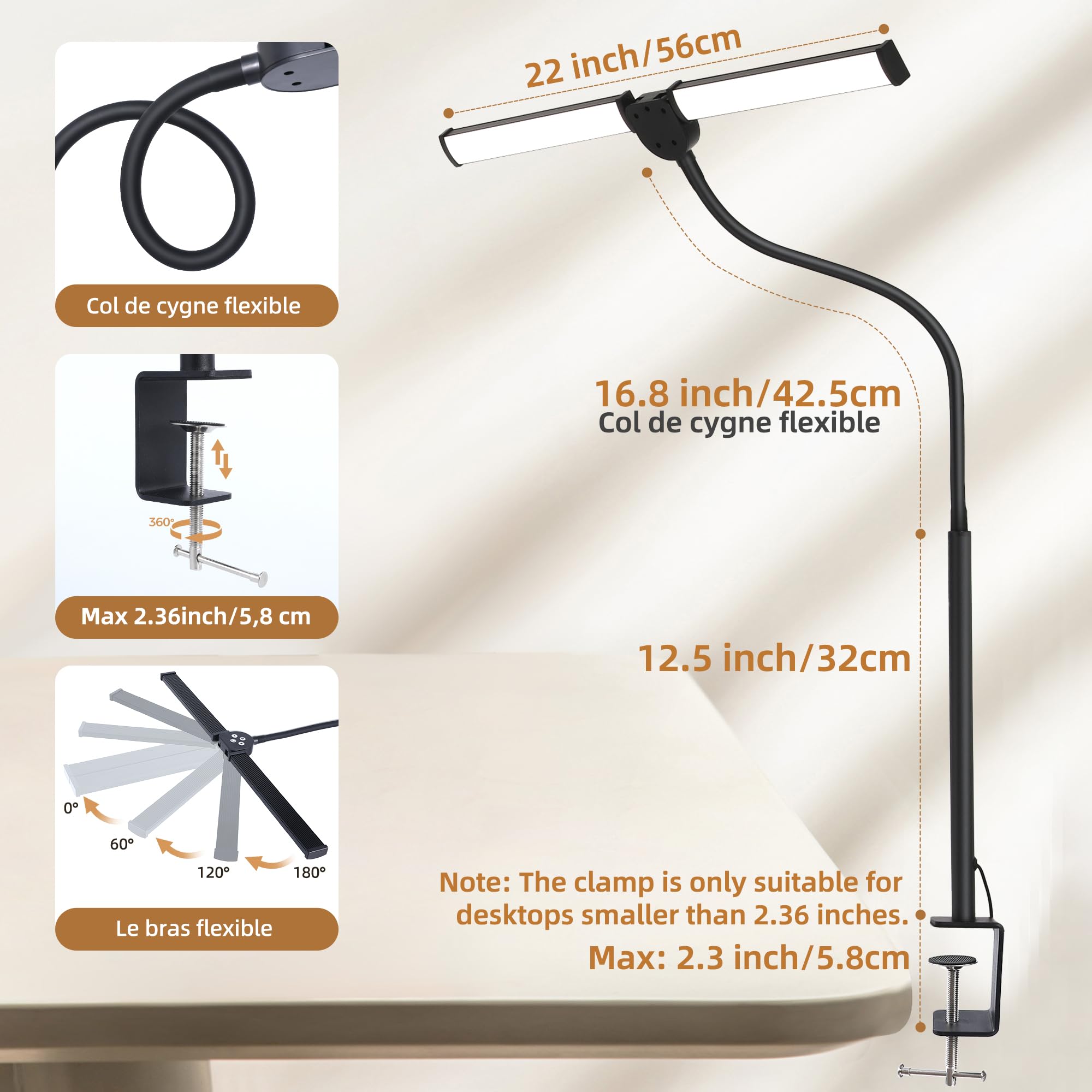 Motumen LED Desk Lamp, Adjustable Gooseneck, 25 Lighting Modes, Black, Model MTD2401