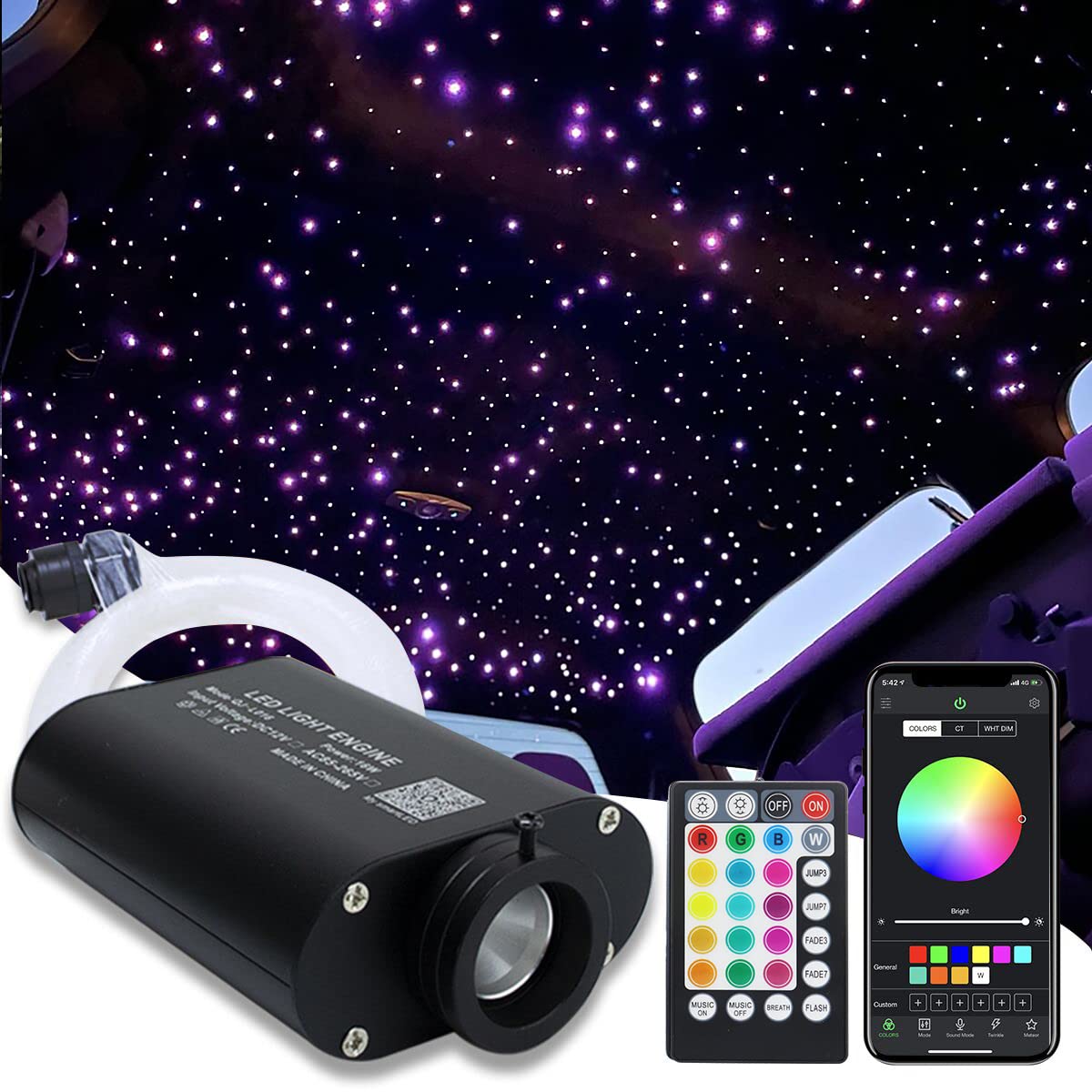 Amki 16W Fiber Optic Lights,Starlight Headliner Light Kit App/Remote Control Sound Activated Mode For Car&Home Decoration,Optical Fiber Cable Strands 0.75Mm/0.03In 13.1Ft/4M 550Pcs