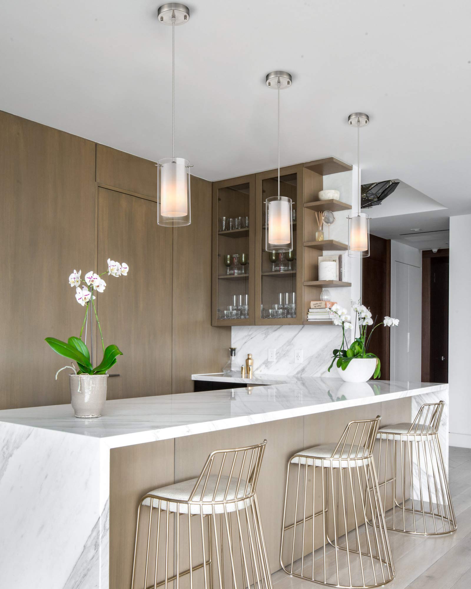 AKEZON Modern Glass Pendant Light, 2-Pack, Adjustable, Brushed Nickel, 2-Light, Ideal for Kitchen, Dining Room, Bathroom, Bar