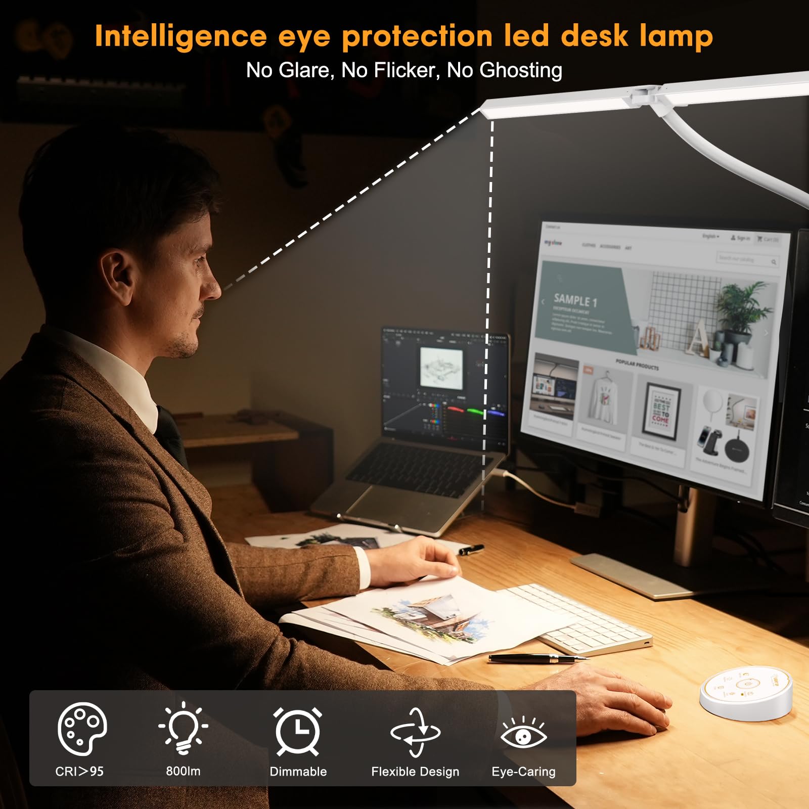 Led Desk Lamp For Office Home - Eye Caring Architect Lamp With Clamp,Dual Screen Computer Monitor Gooseneck Smart Light: 24W 5 C