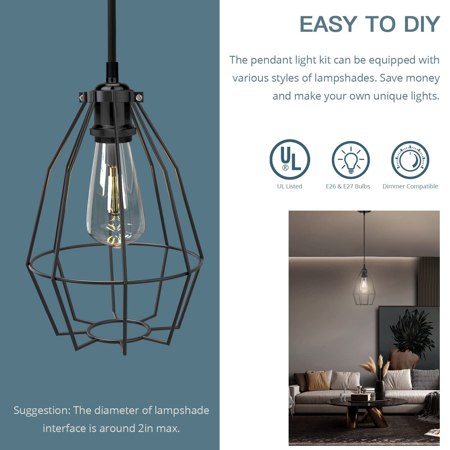 JACKYLED Pendant Light Kit - Adjustable Black Woven Fabric Cord, Copper E26/E27 Socket, UL Listed, Pearl Black, Model bfa43cad-2aca-4683-96