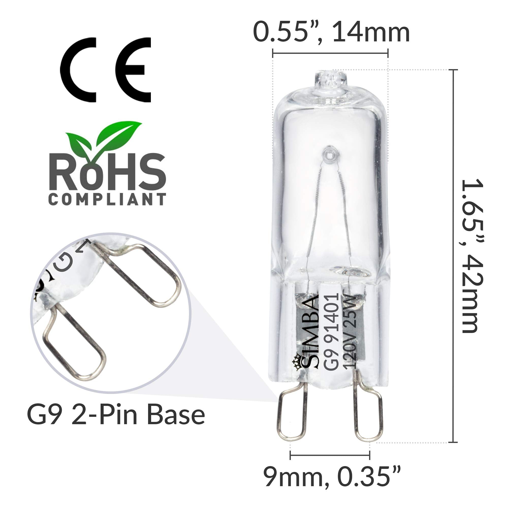 Simba Lighting Halogen Light Bulb G9 T4 25W Jcd Bi-Pin (10 Pack) For Chandeliers, Pendants, Cabinet Lights, Landscape Lights, De