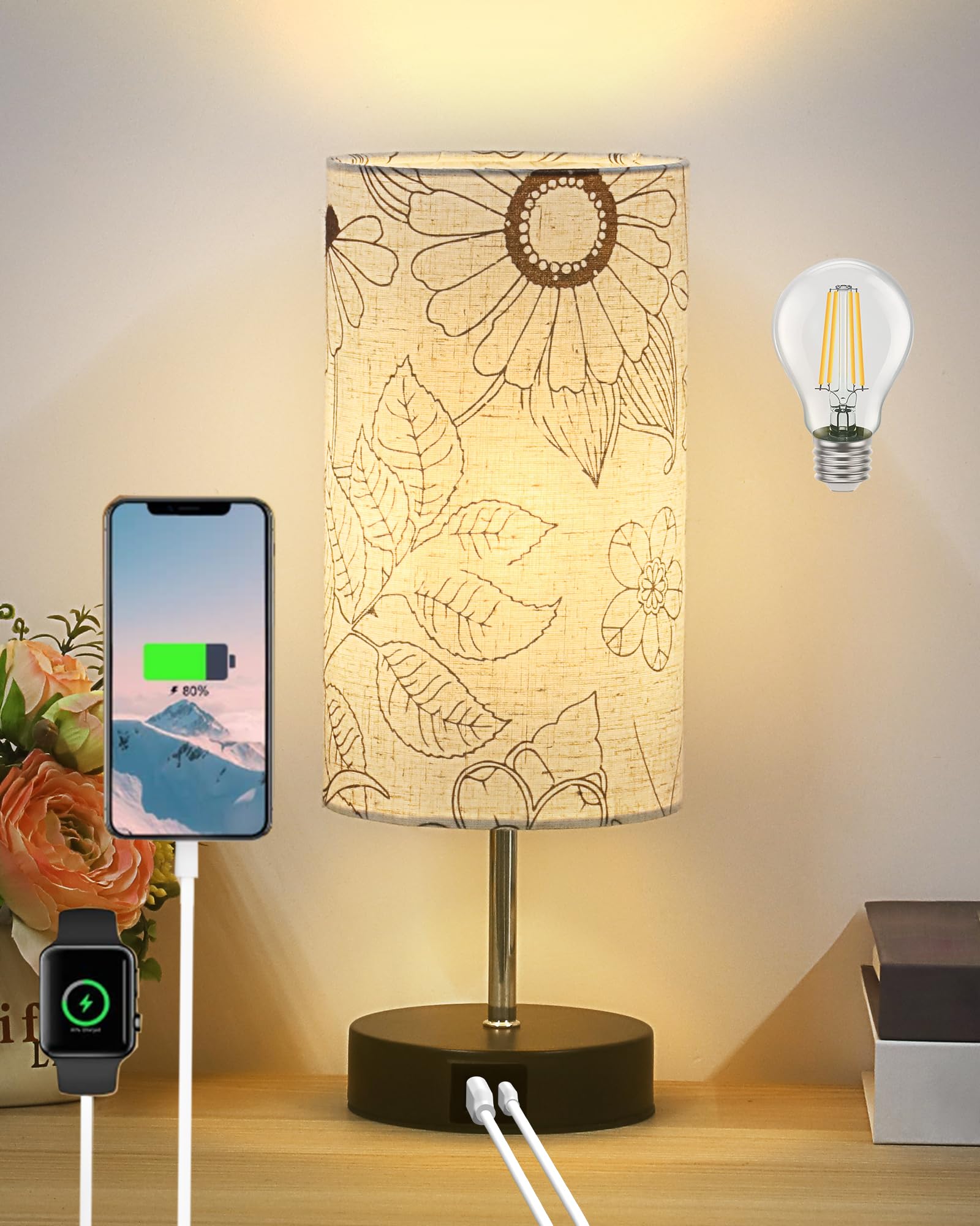 Lanmonlily Touch Control Desk Lamp With 2 Usb Ports, 3-Way Dimmable Bedside Lamp For Bedroom, Nightstand Lamp With Round Flower Fabric Shade For Living Room, Home Office