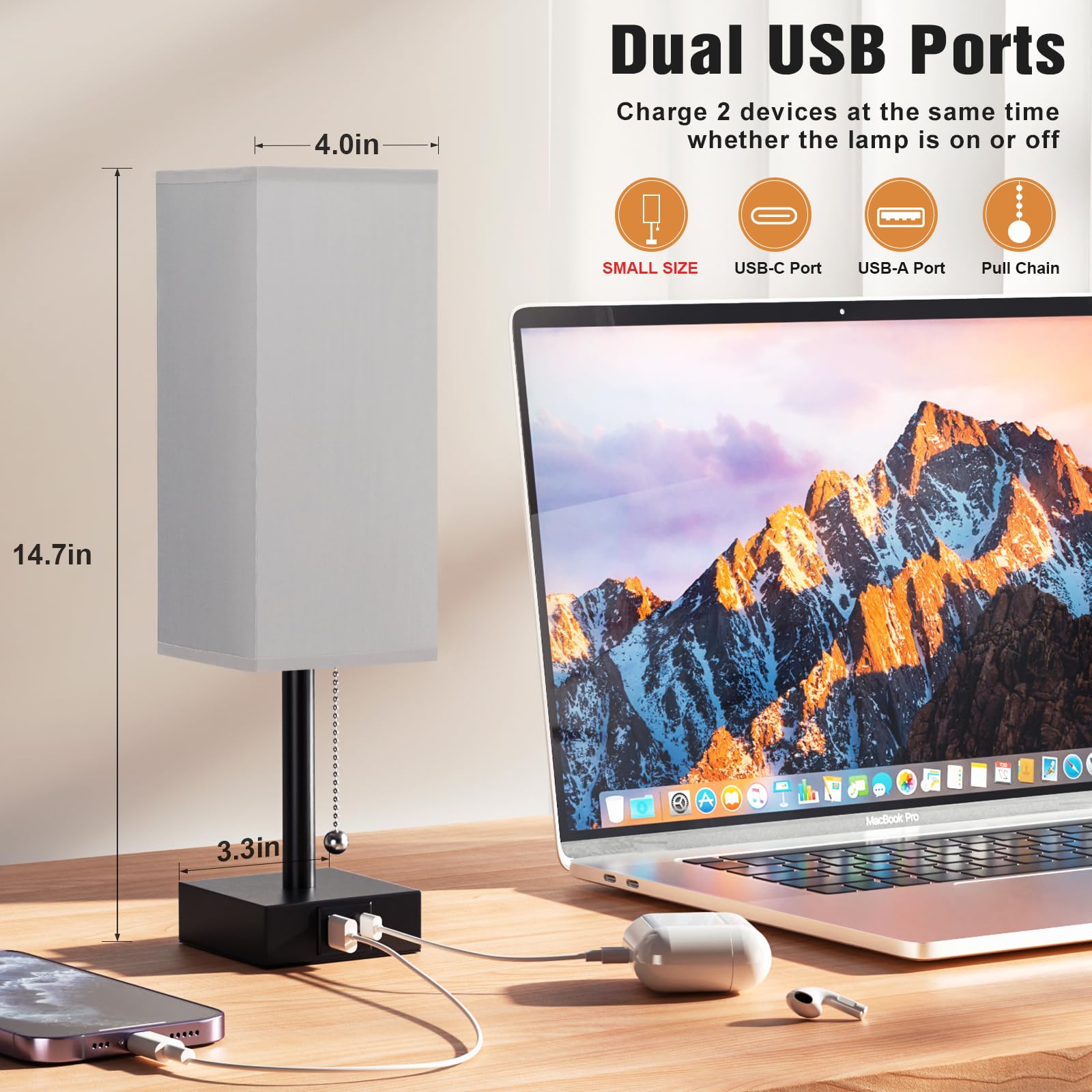 Bedside Table Lamps Set Of 2 - Grey Bedroom Lamps With 3 Color Temperatures (3000K/5000K/4000K), Two Square Nightstand Lamps Wit