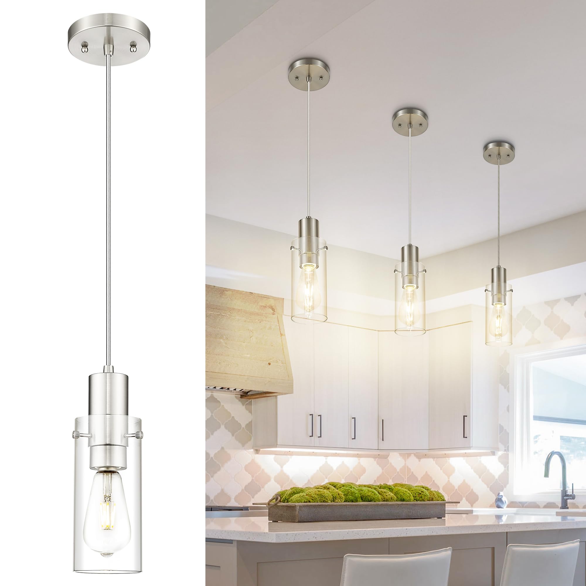 Emak Cylinder Pendant Lights Kitchen Island, Modern Brushed Nickel Pendant Light with Clear Glass Shade, 1 Light Pendant Lightin