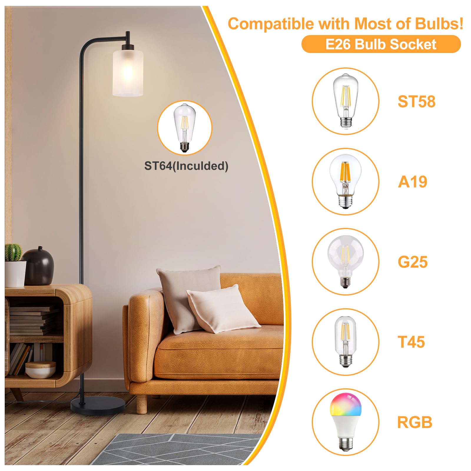 DINGLILIGHTING Tall Floor Lamp, Black Metal with Frosted Glass Shade, Modern Industrial Design, Model WSFLL005BK-1, 8W LED Bulb Included