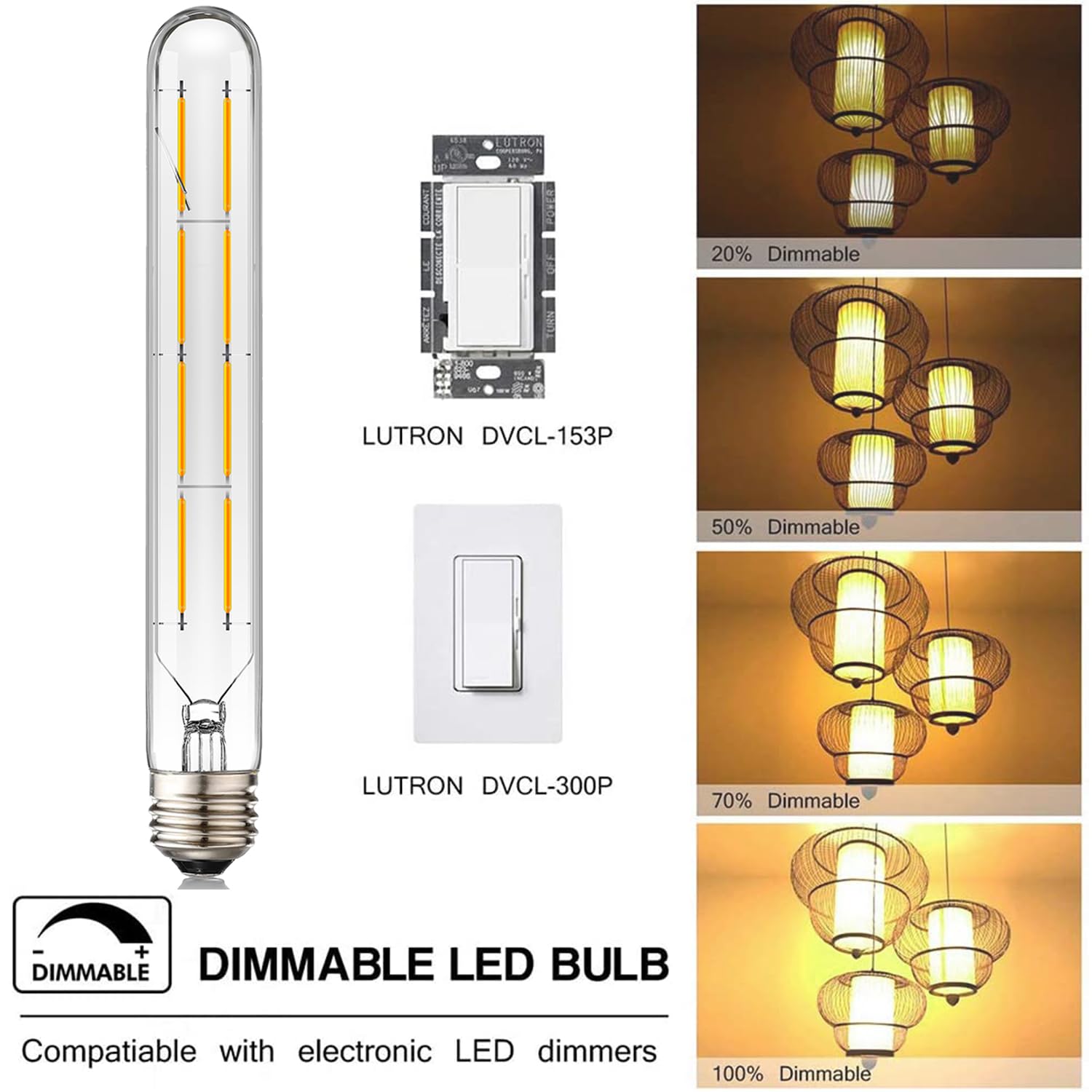 LVYE T10 LED Long Bulbs, 8W Dimmable Tubular, 75W Equivalent, 8.9in Glass, 3000K Soft White, E26 Edison Style