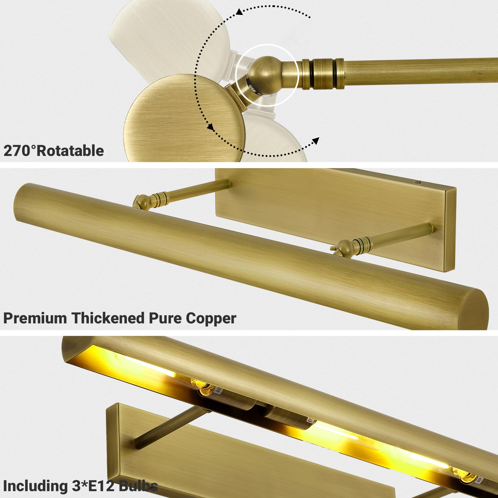 Pioutnf Brass Picture Lights For Wall, 24Inch Hardwired Gold Picture Lights, Art Lights For Wall, Rotatable Picture Frames Light