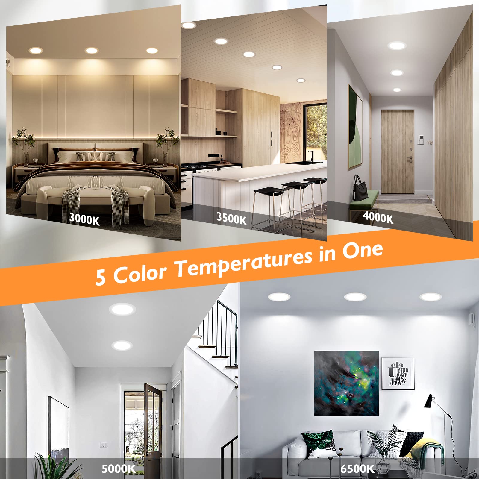 Beslowe 6 Packs 6 Inch 5Cct Led Recessed Ceiling Lights Ultra-Thin With Junction Box, 12W 150W Eqv, 3000K/3500K/4000K/5000K/6500