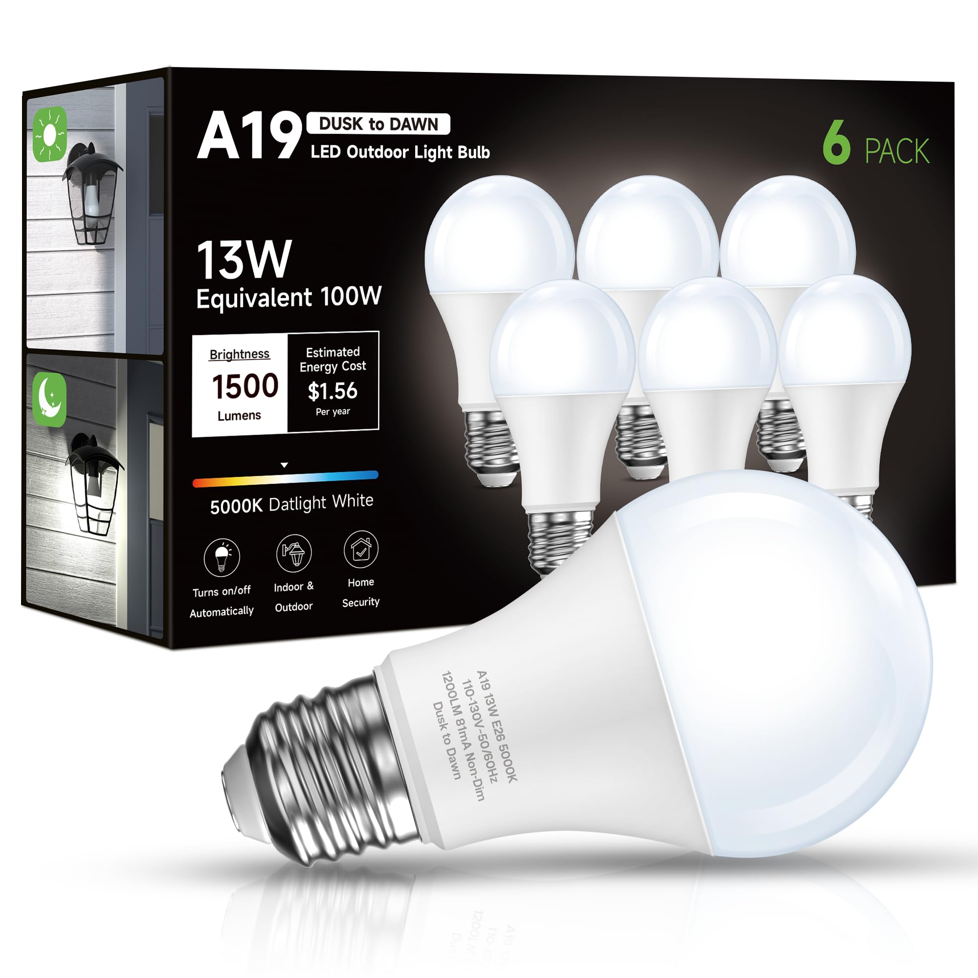 Eastiya Dusk to Dawn Sensor LED Outdoor Light Bulb  Daylight White 5000K  A19 13W(100 Watt Equivalent) Bright Porch Lighting  1200LM  Auto-On/Off Photocell Sensor for Garage Yard Patio Garden- 6 Pack