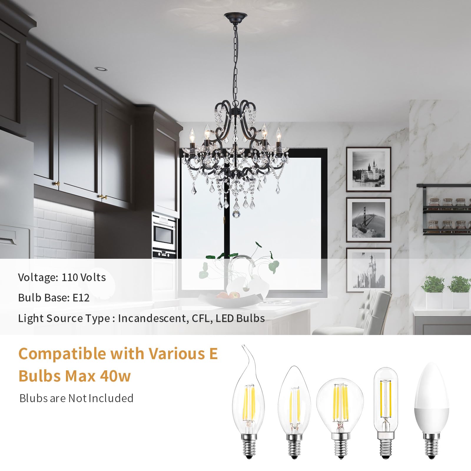 ANJIADENGSHI 5-Light Black Crystal Chandelier, 27" High, Modern Pendant Light Fixture for Dining Room, Living Room, Kitchen