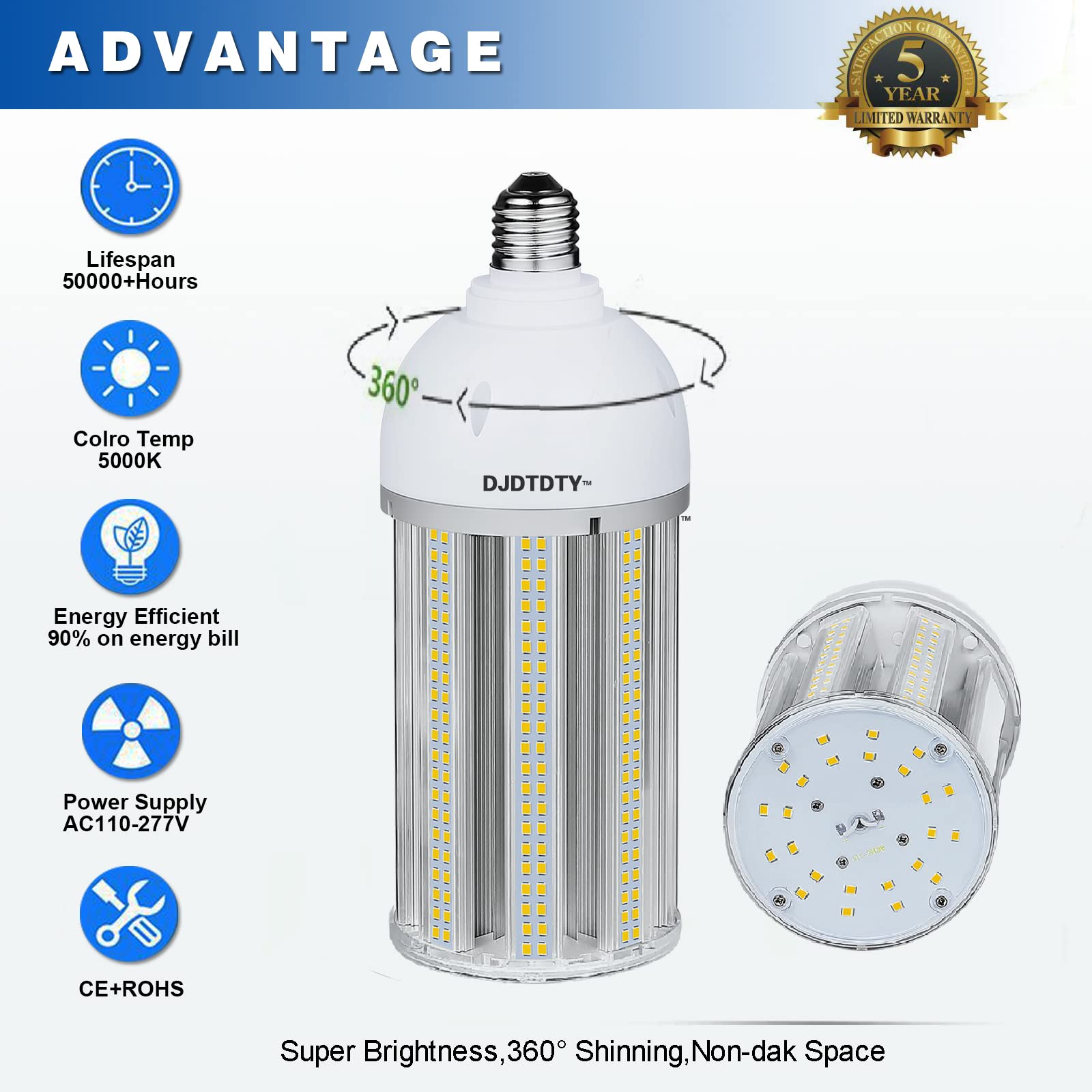 DJDTDTY 60W LED Corn Light Bulb, 9000 Lumen, E26/E39 Base, 5000K Daylight, Aluminum, 1 Count (Pack of