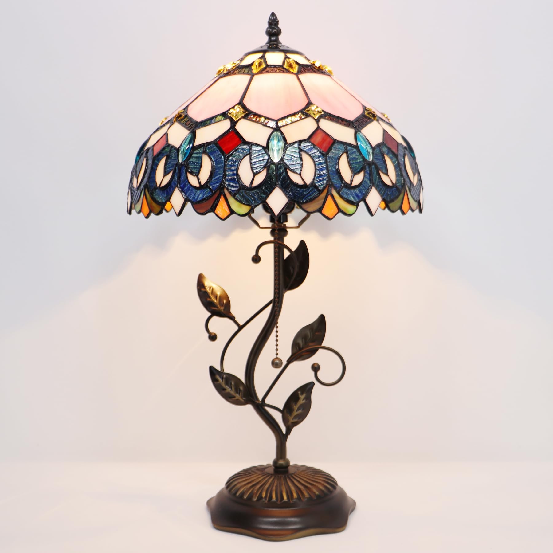 Lxhcyou Tiffany Table Lamp, Pink Stained Glass Desk Light, W12H19 Inch, Metal Leaf Base (Pink Baroque Style)