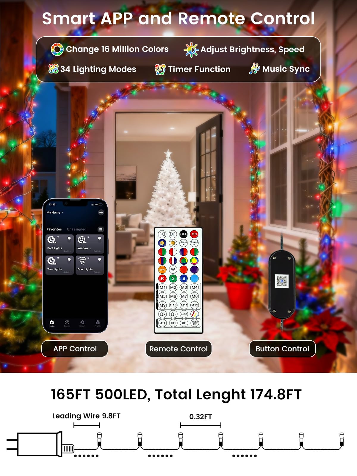 Smart Color Changing Christmas Lights With Remote & App  175Ft 500 Led Rgb Dimmable Christmas String Lights  Waterproof Fairy Twinkle Light For Indoor Outdoor Xmas Tree Wedding Holiday Decorations