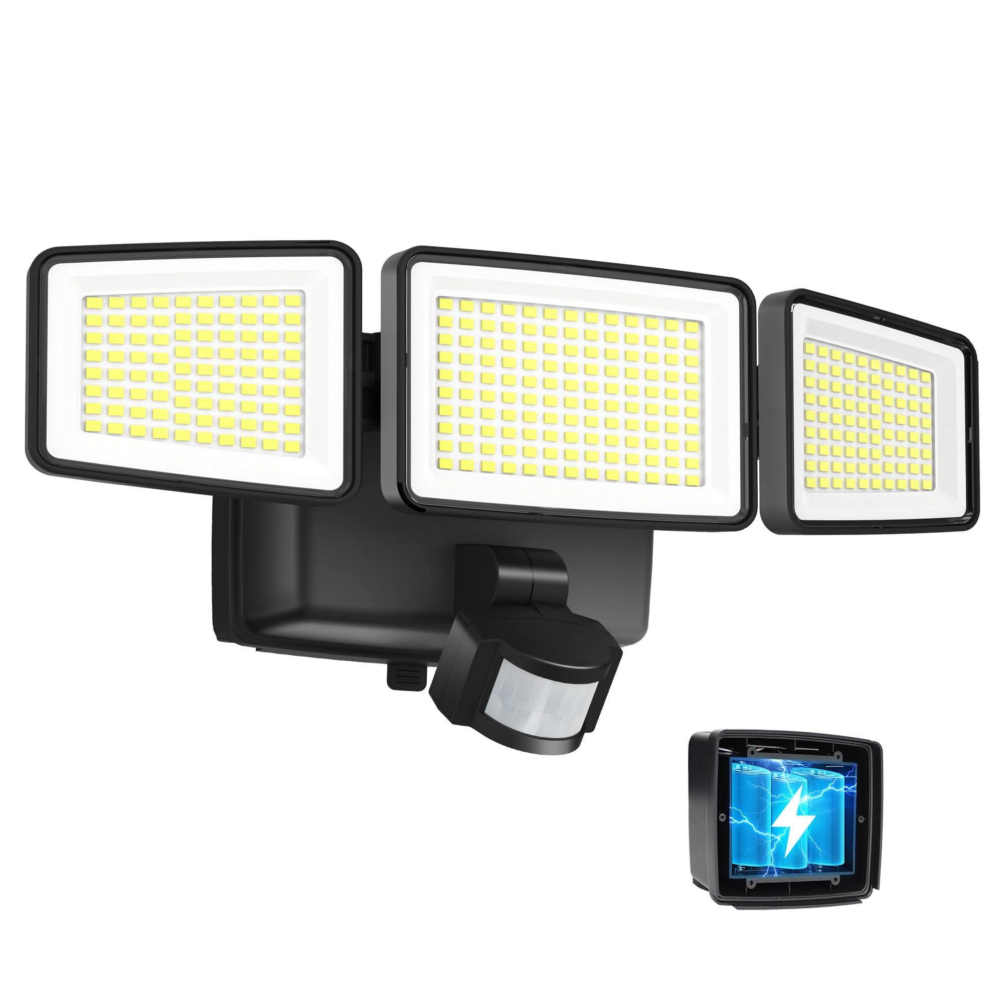 UME Battery Powered Motion Sensor Outdoor Lights 302 LED 1800LM  IP65 Waterproof Battery Operated Flood Lights Outdoor  3 Heads Security Motion Light with 3 Modes for Garden Patio Yard