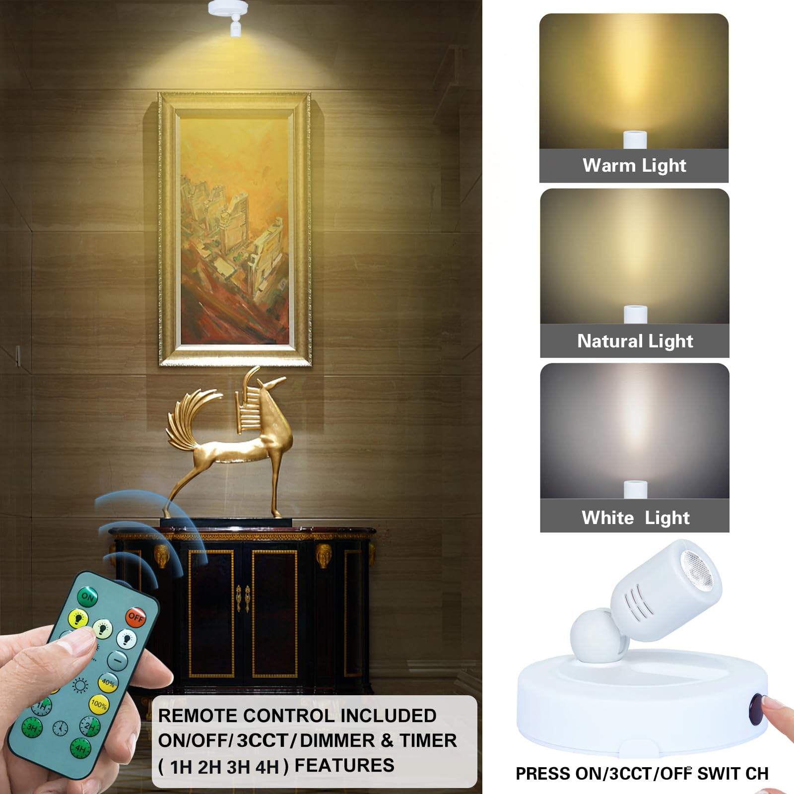 Hamvidne Led Spotlight, Battery Operated Spotlights With Remote, 3 Lighting Modes Up Lighting For Indoor Plants Trees, Dimmable