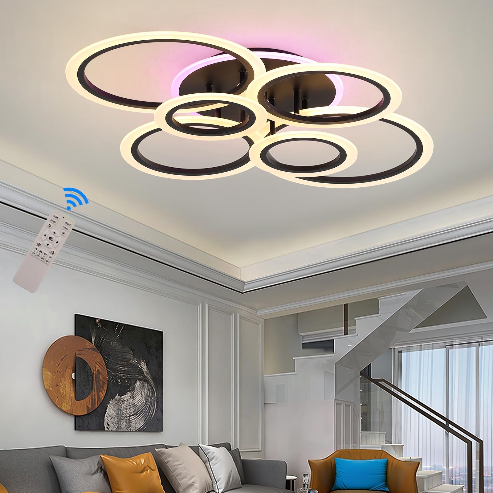 Stch Modern Led Flush Mount Ceiling Light Dimmable, Ceiling Light Fixture With Remote, Black 6 Rings Lighting Fixture Ceiling La