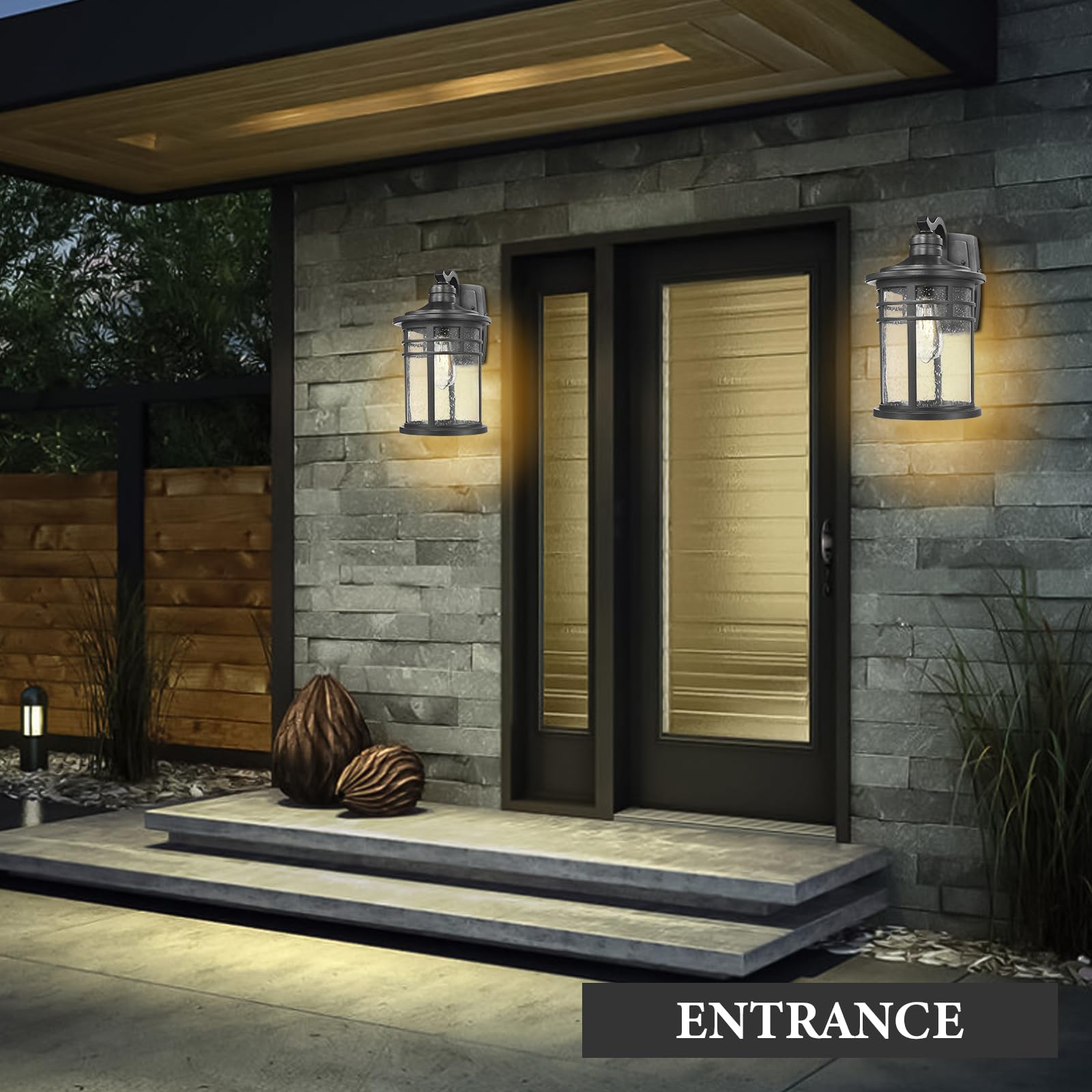 Darkaway Outdoor Porch Lights - 15in Wall Mount Sconces, Seeded Glass, 2 Pack, Black Aluminum