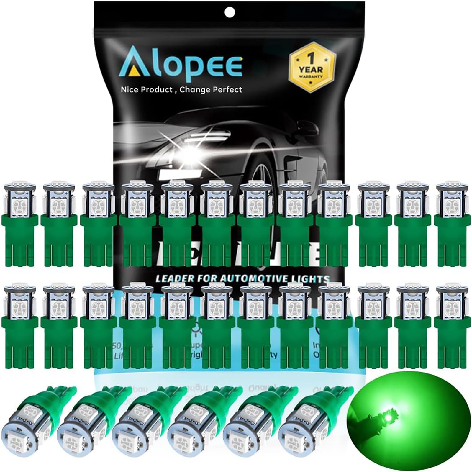 Alopee T10 Wedge LED Bulb 30 Pack 5SMD 5050 Chips Green DC 12V 194 168 2825 W5W Car Interior Dome License Plate