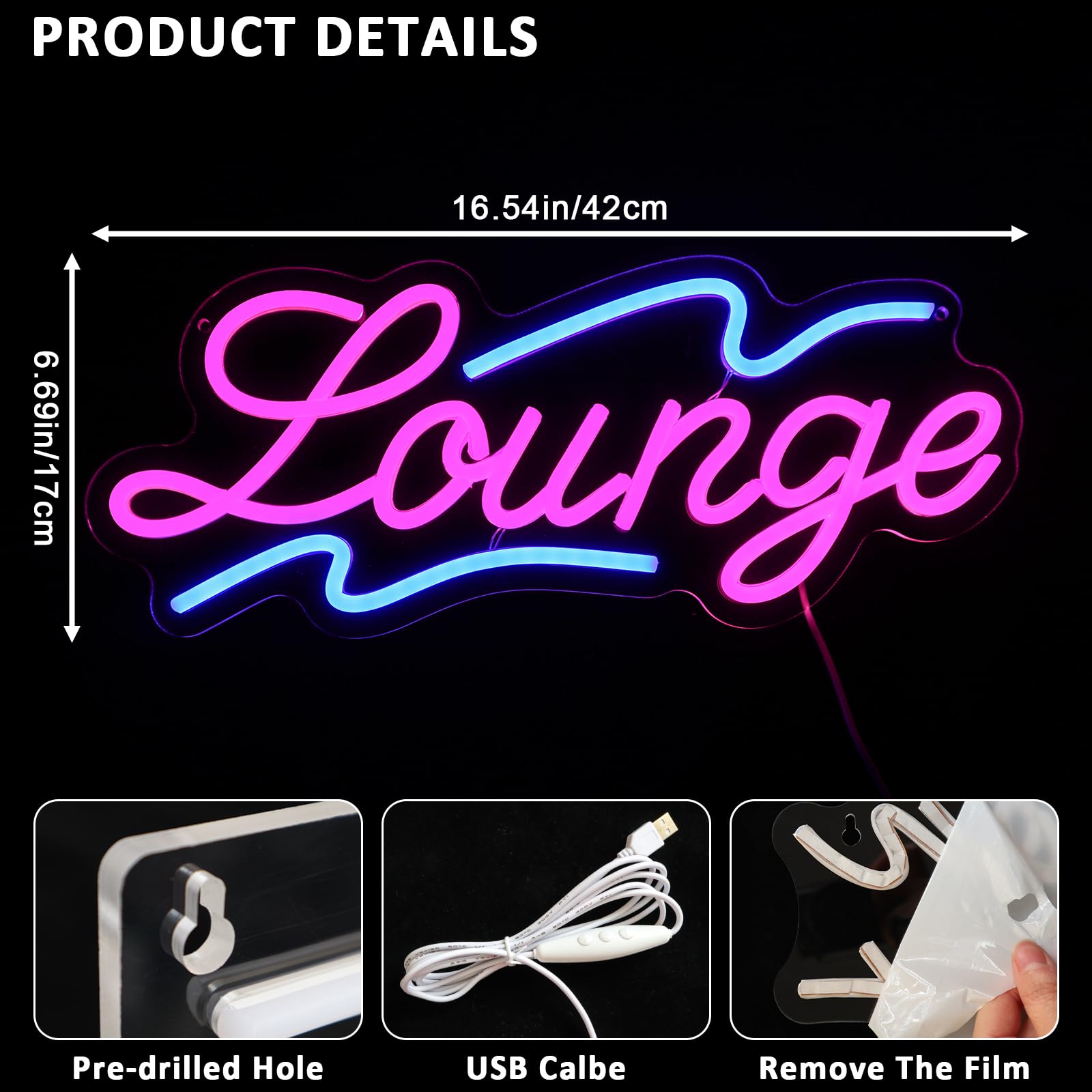 PMCVYH Neon Sign for Wall Decor, USB Dimmable 16.54"x6.69", Pink Blue, Model SYL-Lounge, Perfect for Home, Bar, Cafe, Man