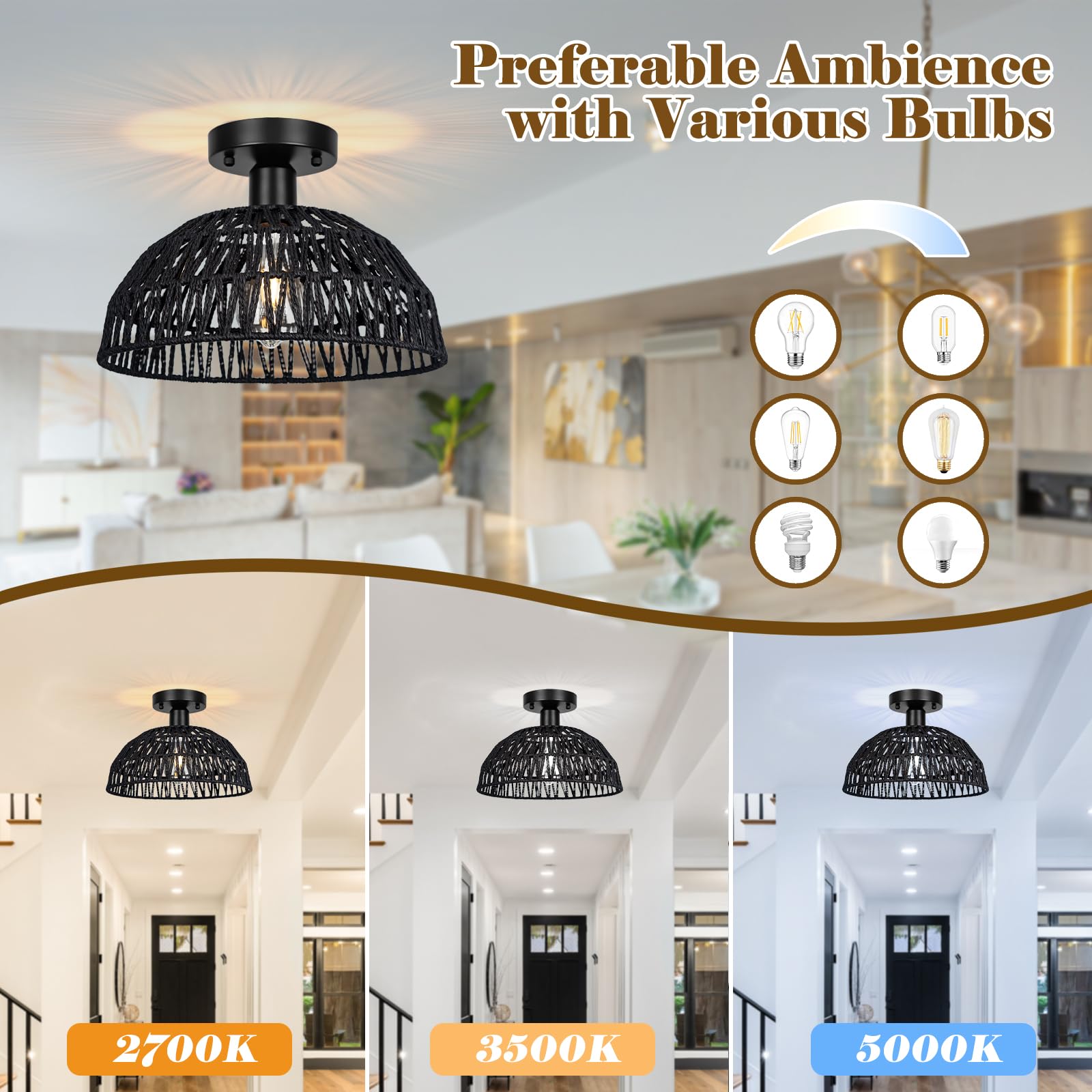 Rattan Ceiling Light Fixtures 2 Packs-Black Rustic Woven Basket Flush Mount Ceiling Light, Handmade Wicker Ceiling Lamp, Rattan