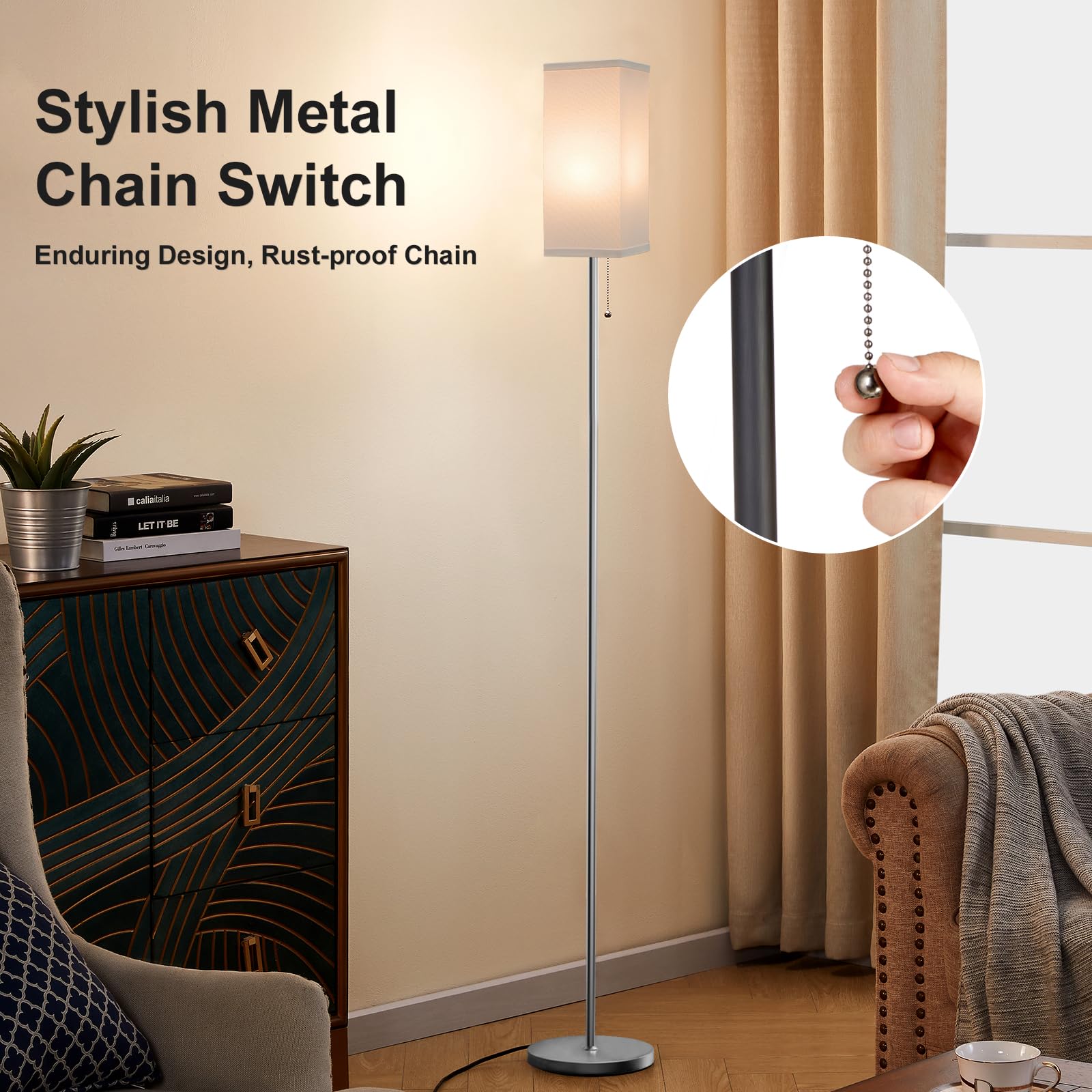 Ziisee Floor Lamps Set of 2 - Modern Metal Standing Lamps with Pull Chain, White Shade, Silver Color, Model SQ4-10