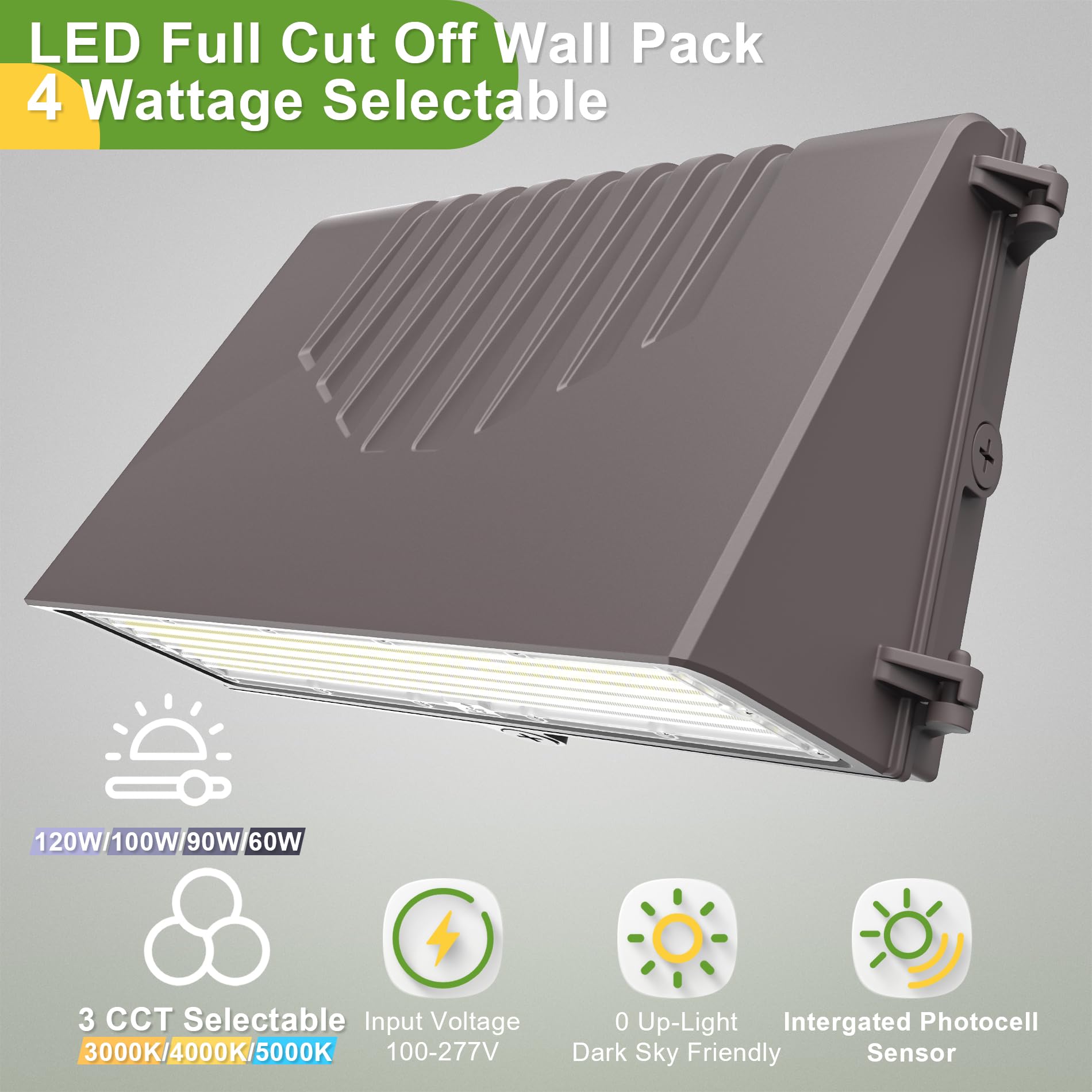 Full Cut Off Led Wall Pack Light, Adjustable Power (60W/90W/100W/120W) & Cct (3000K/4000K/5000K), Optional Photocell Sensor, Ul