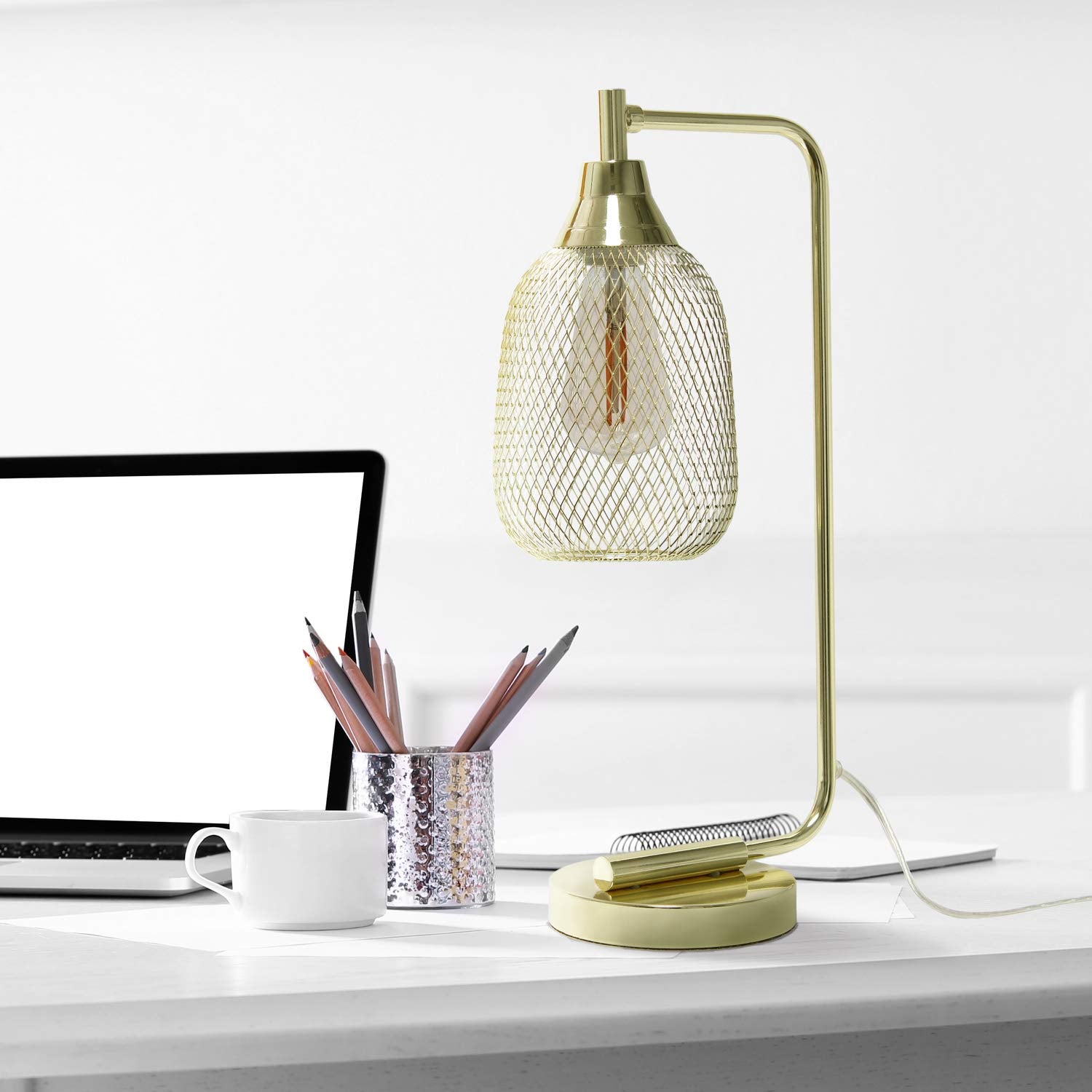 Lalia Home Industrial Gold Desk Lamp With Wired Mesh Shade, Metal Construction