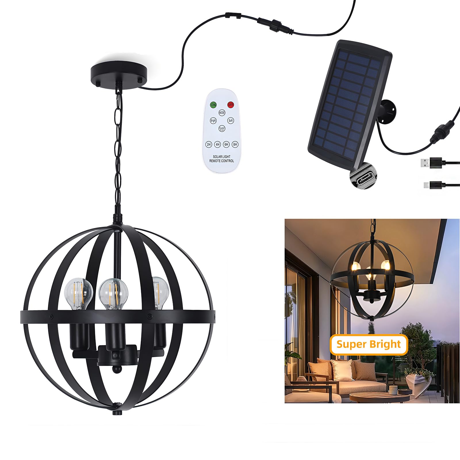 MOUFIER Solar Pendant Light,3-Light Globe Solar Chandelier Outdoor/Indoor,Black Metal Orb Design,Waterproof Dimmable Hanging Pen
