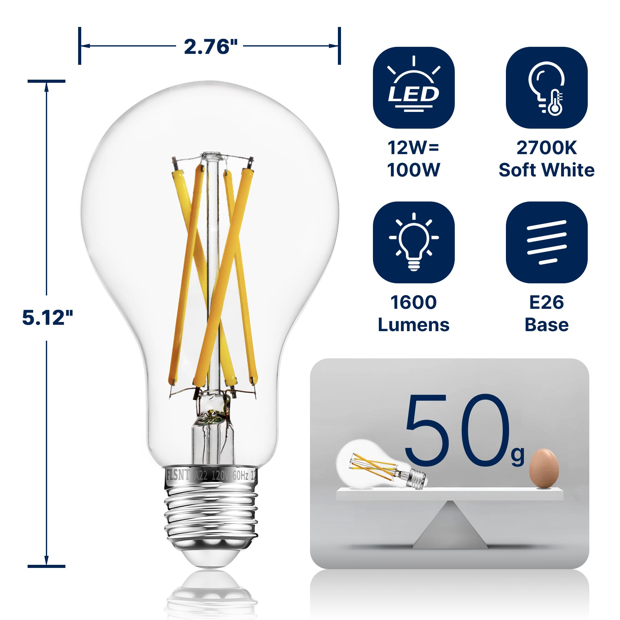 FLSNT Dimmable A21 LED Light Bulbs 100W Equivalent, 12W, 1600 Lumens, 2700K Soft White, Clear Glass, 4 Pack