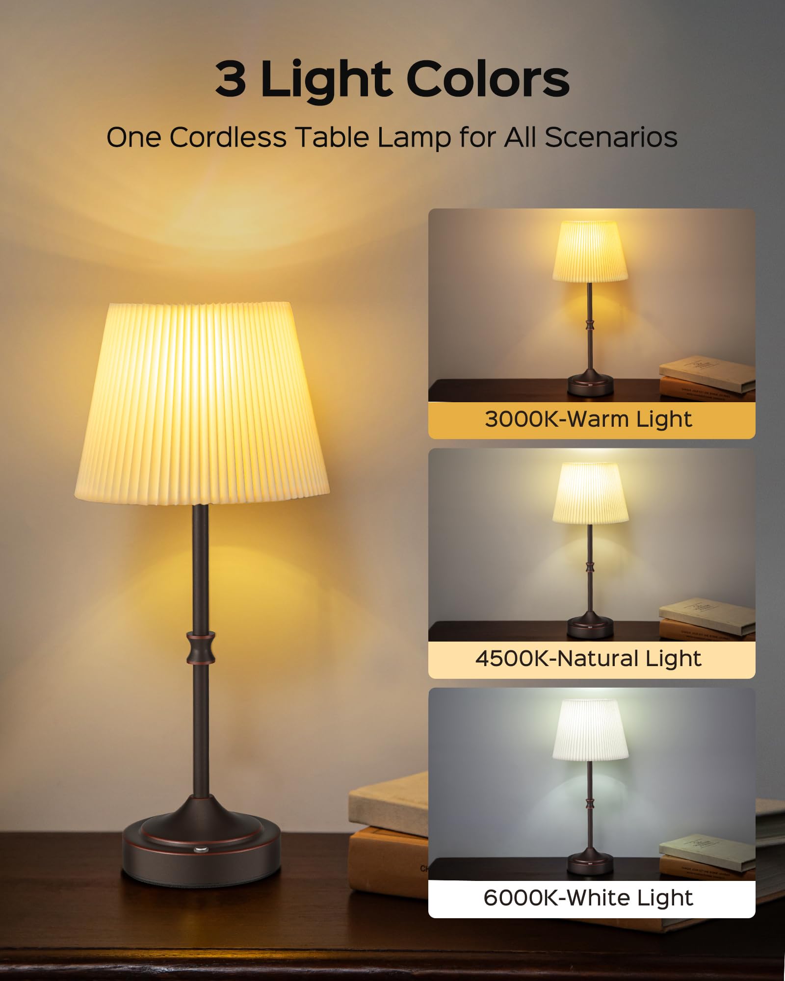 Jackyled Cordless Led Table Lamp With Dimmer, 3 Colors Touch Lamp, 5400Mah Battery Operated Rechargeable, Wireless Lamp For Bedr