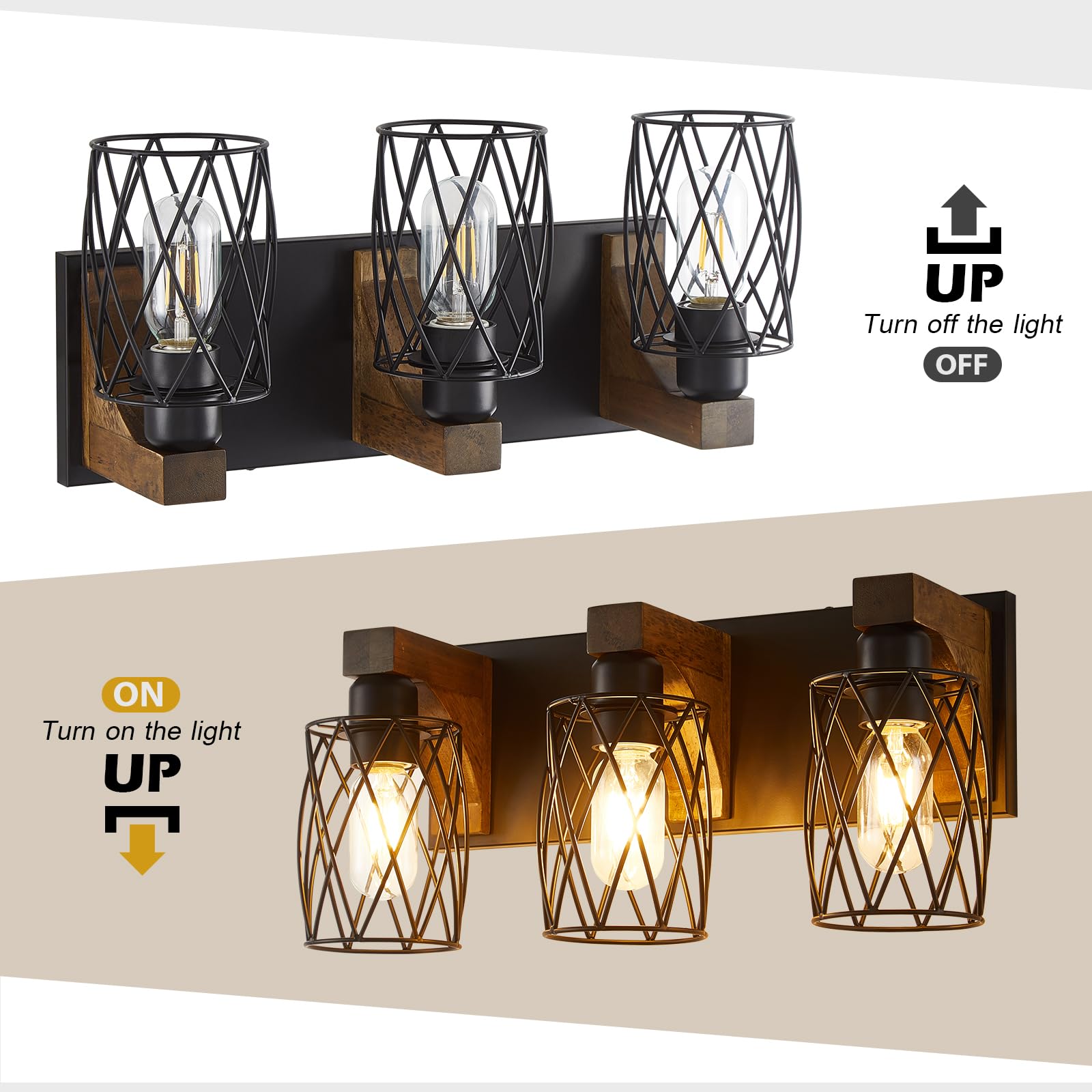 Farmhouse Bathroom Light Fixtures, Wood Bathroom Lighting Fixtures Over Mirror, 3-Light Vanity Light Fixture with Cage Metal Sha