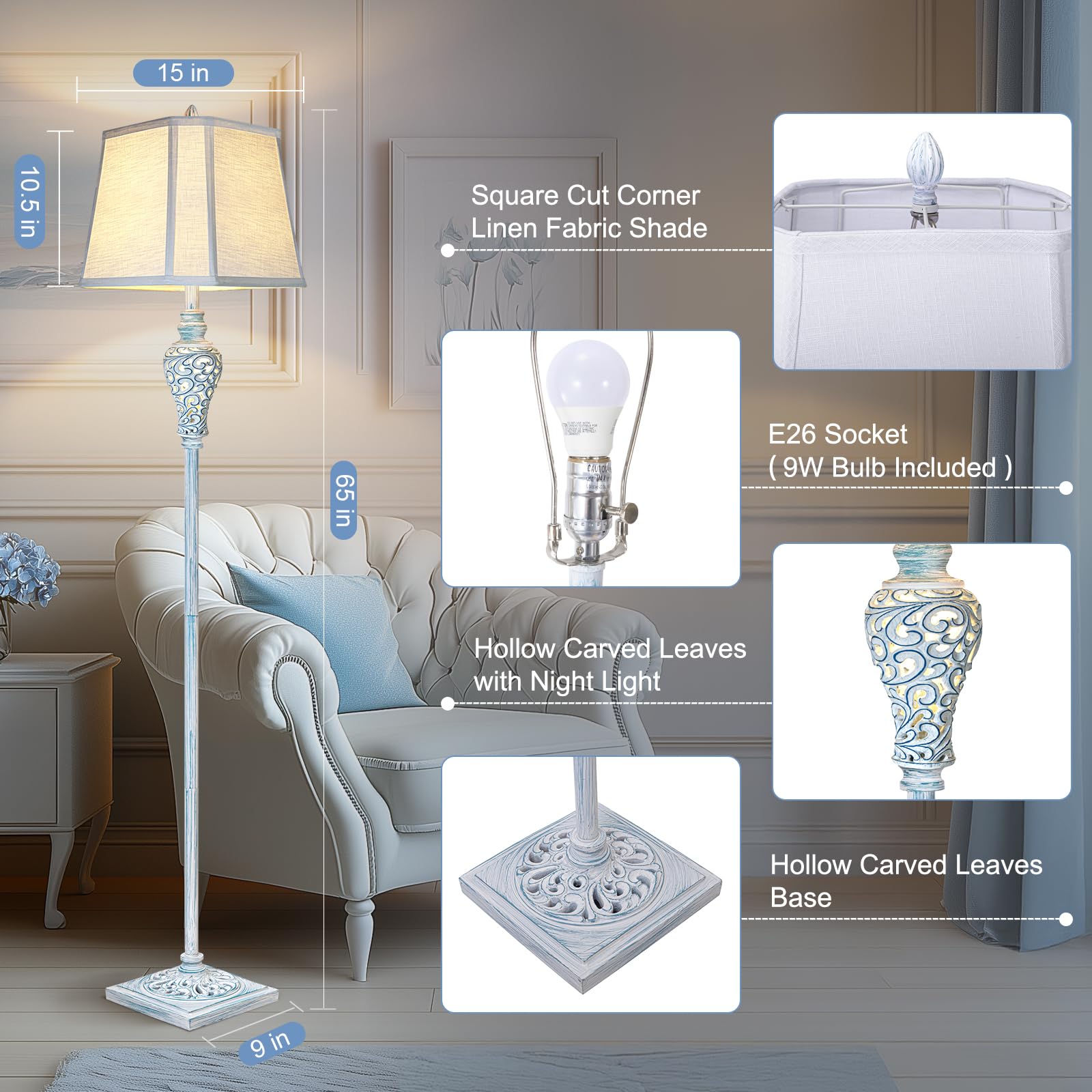 LuxSight Vintage Floor Lamp, 65" Retro Standing Lamp, Washed Blue Finish, White Linen Shade, Model PL8027-FL, Farmhouse Style Decor