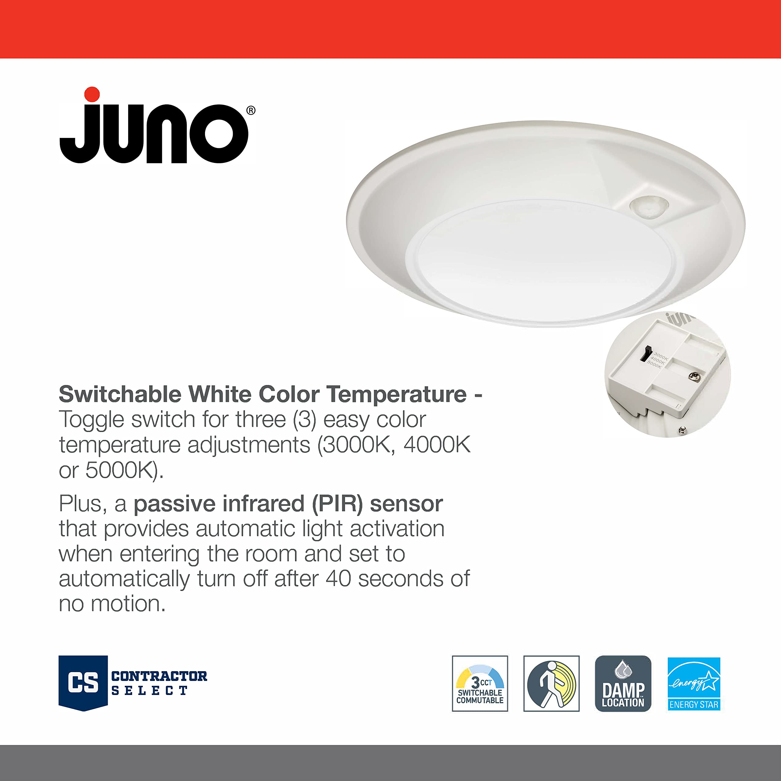 Juno Jsbt 6-Inch Slimbasics Tapered Disk Downlight, Switchable + Pir Sensor, White (1 Pack)
