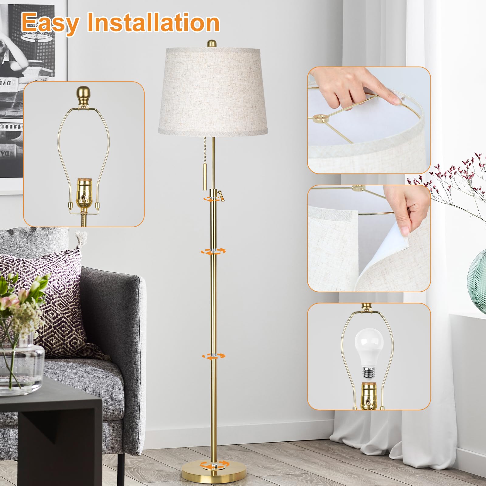Gold Floor Lamp For Living Room 55-65'' Adjustable Modern Brass Standing Lamp With Pull Chain Tall Pole Light With Beige Shade F