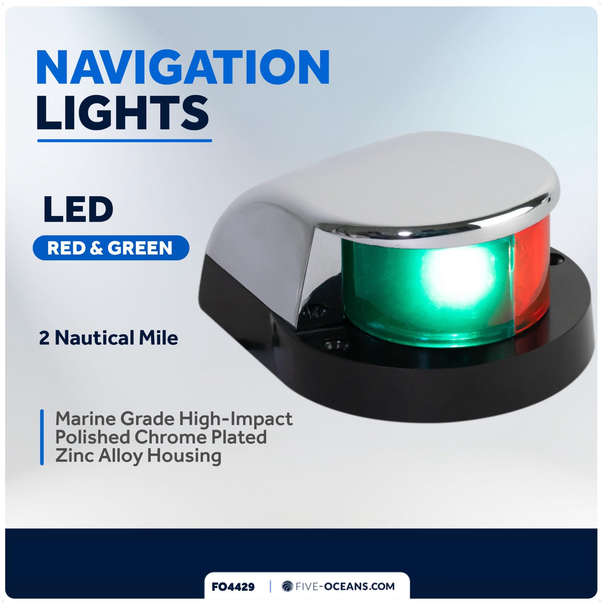 Five Oceans LED Boat Navigation Lights - Red & Green Bi-Color Bow Light, Horizontal Mount, 12V, Model FO4429, Black and Chrome Plated