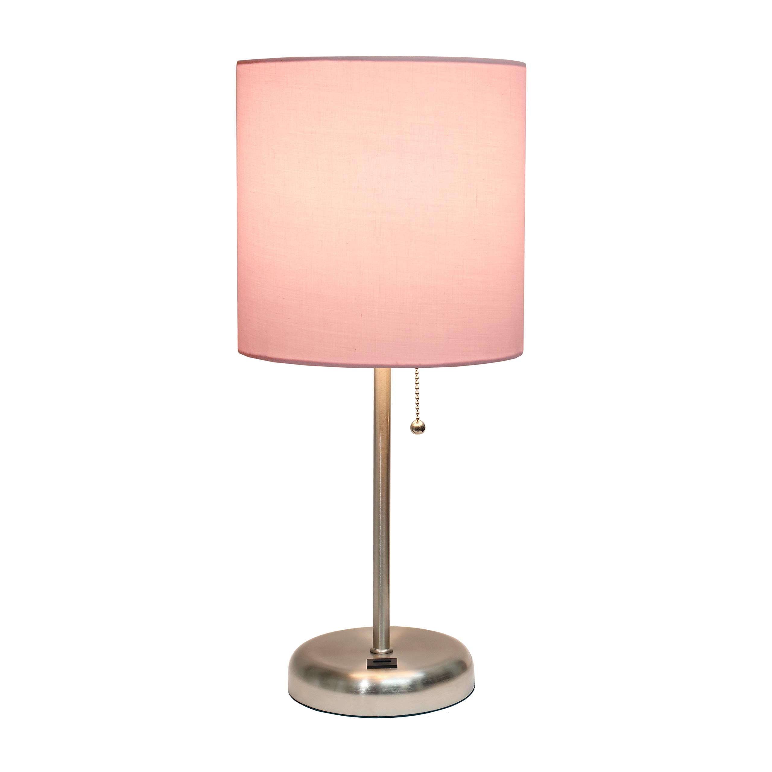Simple Designs Lt2044-Lpk Brushed Steel Stick Table Desk Lamp With Usb Charging Port And Drum Fabric Shade, Light Pink Shade