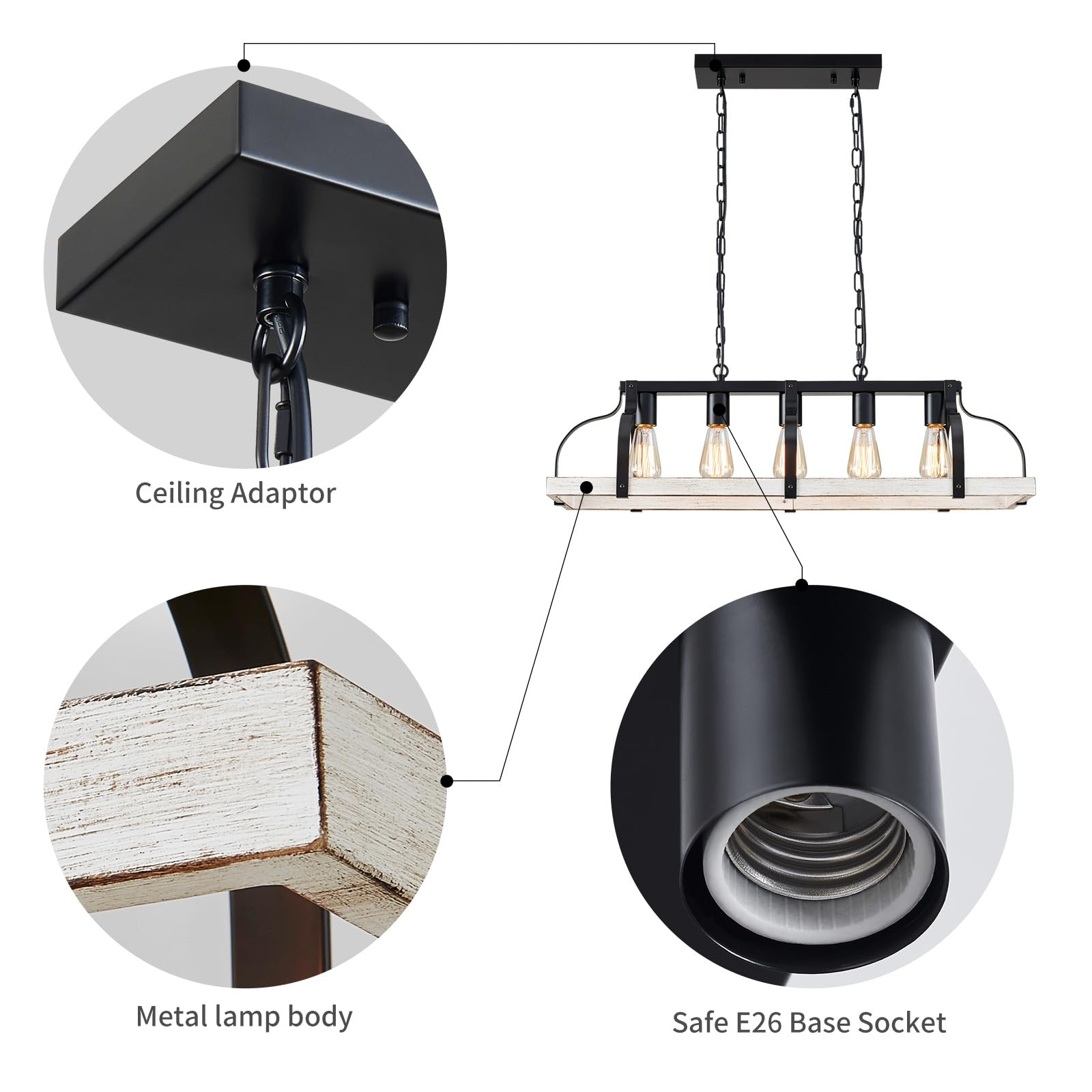 WUZUPS 5-Light Chandelier, Rustic Farmhouse Pendant, 31.5"L x 10"W, Antique Wood Grain & Black, Model CAHD90000SP-BW