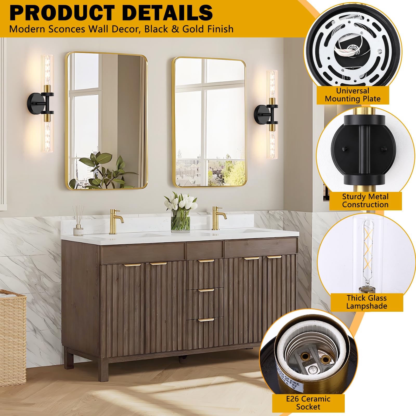 Baocuz 2-Light Bathroom Vanity Lighting, Black & Gold, Clear Glass, Indoor Wall Sconces, Model STCGS-2P-BG, Set of 2