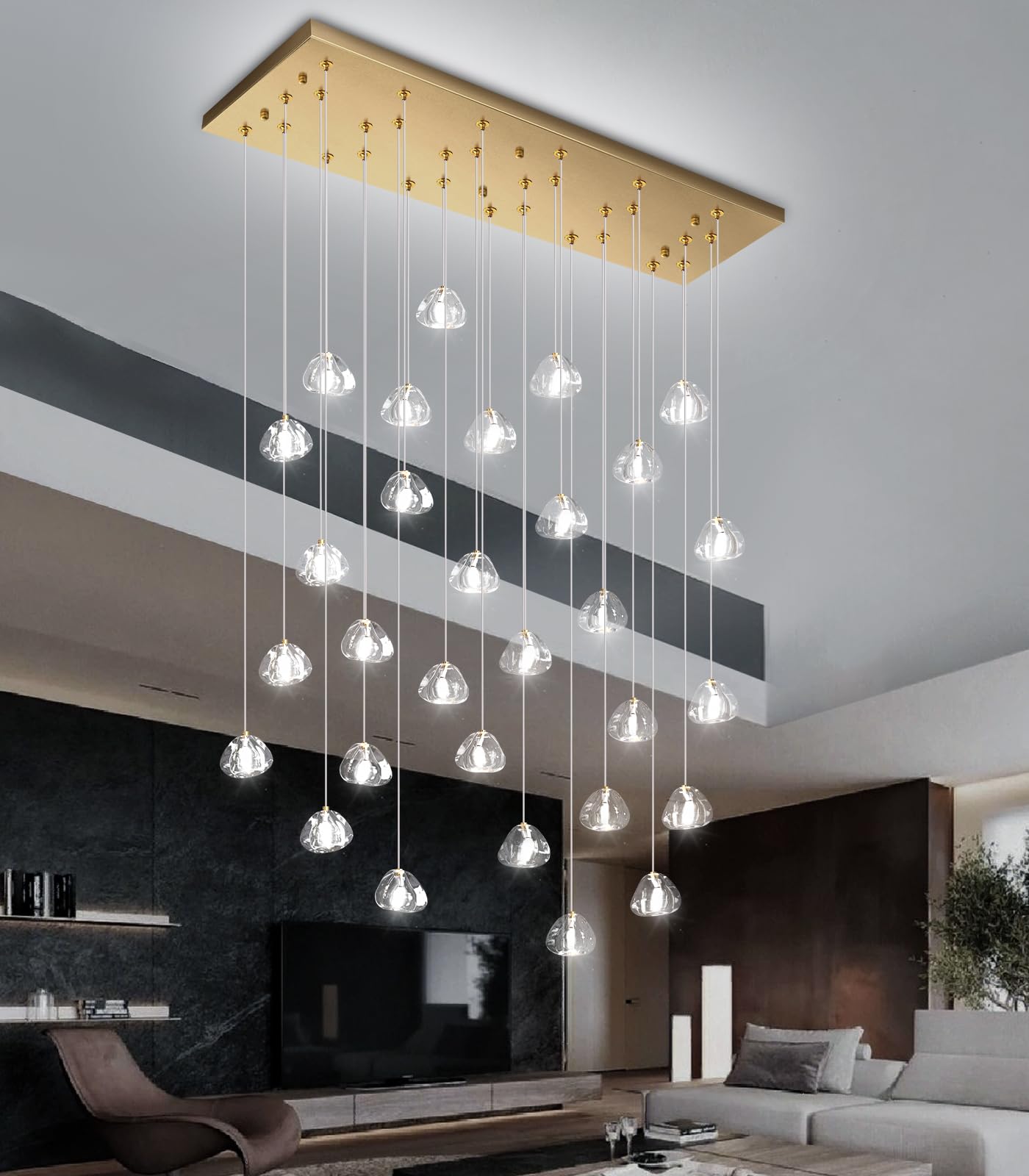 HAIXIANG Glam Chandelier Bubble Crystal Pendant Light Fixture, Dimmable, Antique Gold, 30 Lights Rectangular, Model MMQ9025
