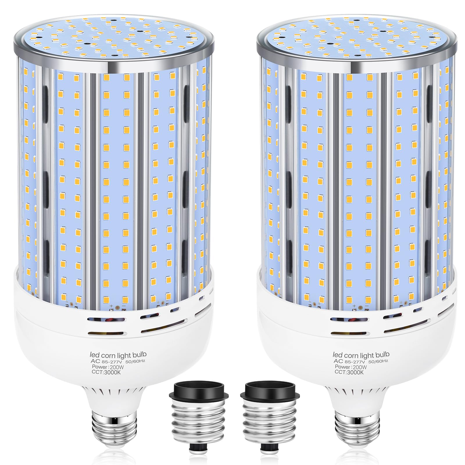 Xycn 2 Pack 200W Corn Led Light Bulb Fanless,29,500Lm 3000K/Warm White(2000 Watt Equivalent) E26/E39 Large Mogul Base Led Cob La